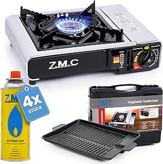 Z.M.C Edelstahl Gaskocher 1-flammig + Aufbewahrungskoffer + Grillplatte 33x26x4 cm, mit 4x Gaskartuschen 227g, Campingkocher für Outdoor und Innenraum, Campinggaskocher 2,2 kW, mit Piezozündung
