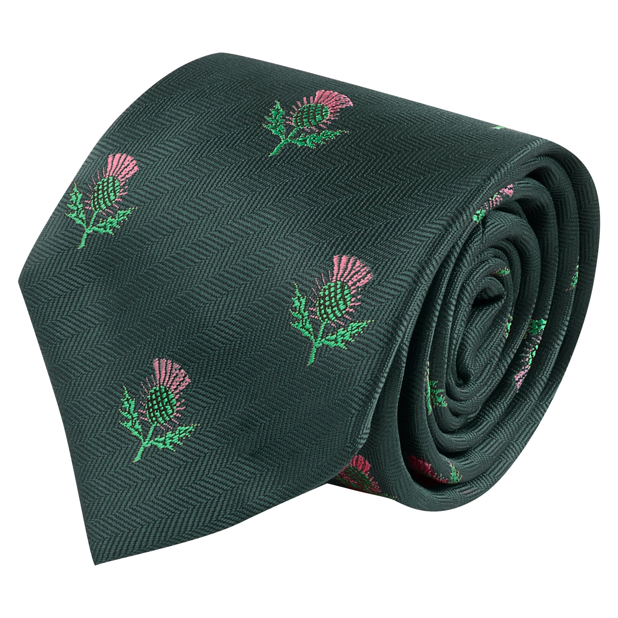 King & Priory Men's Green Scottish Thistle Dark Herringbone Embroidered Tie