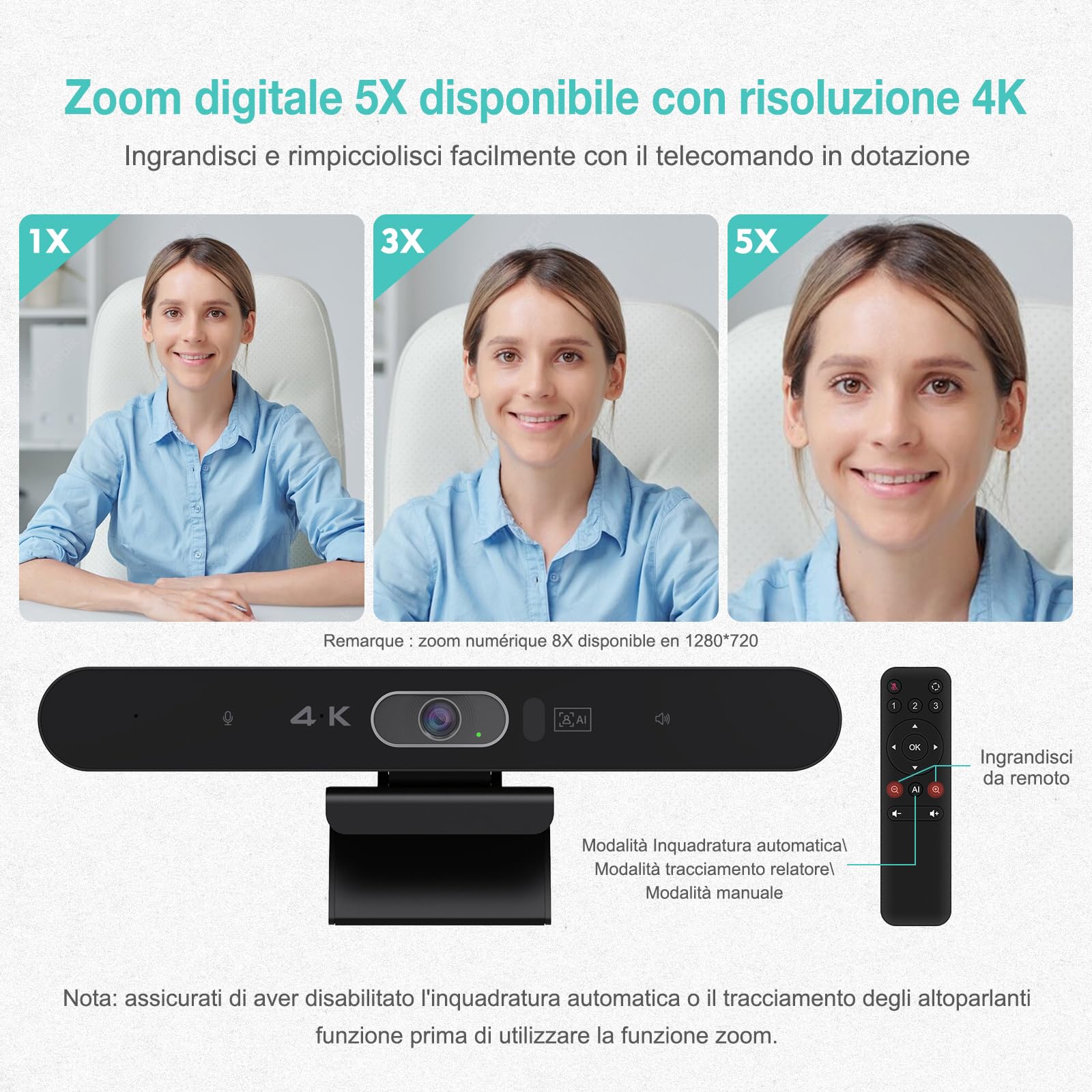 Webcam ​​4K per Videoconferenze, con Microfono e Altoparlante, Inquadratura Automatica e Tracciamento del Relatore, Zoom Digitale 5X, Cancellazione Rumor, per Zoom/Skype/Teams/PC/Mac/Windows TV