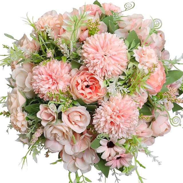 Nubry 3pcs Artificial Flowers Fake Pink Peony Silk Hydrangea Flower Faux Chrysanthemum Ball Arrangements with Stems for Wedding Decoration Table Centerpieces (Light Pink)