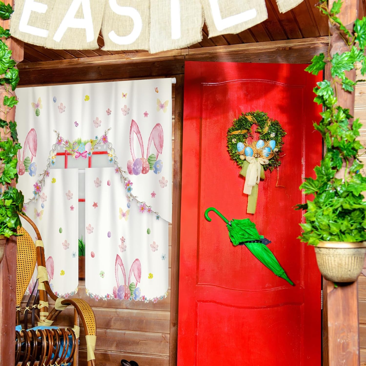 FuWeave 3 Pcs Easter Kitchen Curtains Bunny Eggs Spring Valances and Tiers Set for Window Farmhouse Rabbit Ear Eggs Short Curtain for Home Easter Kitchen 58 x 34'' Valance 29 x 34'' Tier(White)