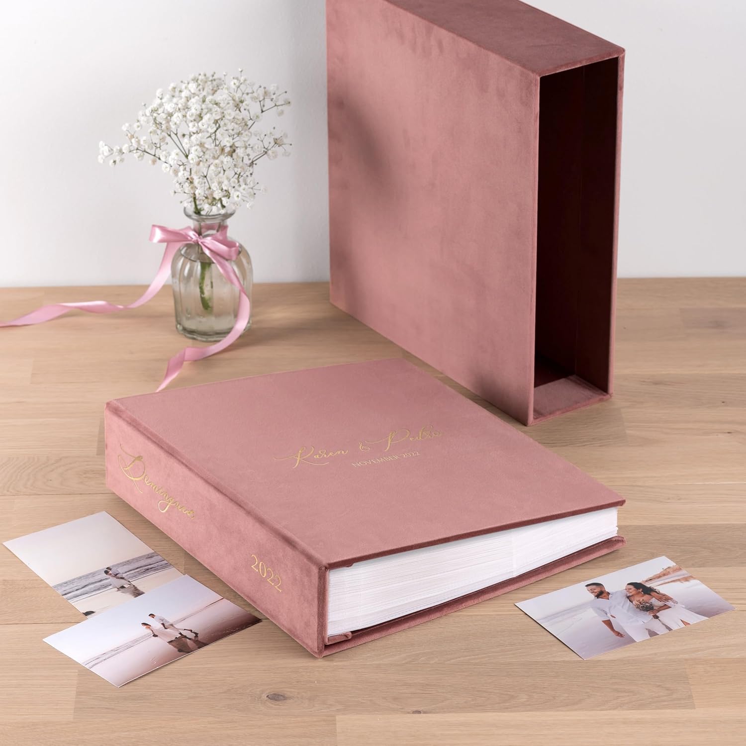 Large Wedding Slip-In Photo Album With Sleeves for 100-1000 pcs 4x6" Photos | Personalized Blush Pink Velvet Photo Book with 5 Pockets | Wedding, Travel or Family Pictures Album