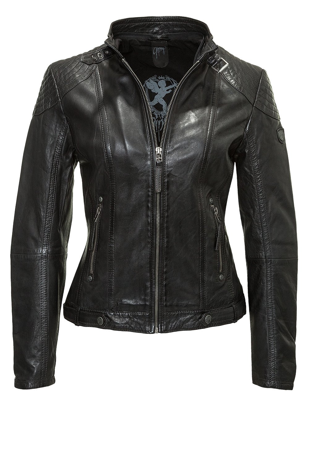 Gipsy Damen Lederjacke mit Kapuze im Biker Look Schwarz (M, Black)