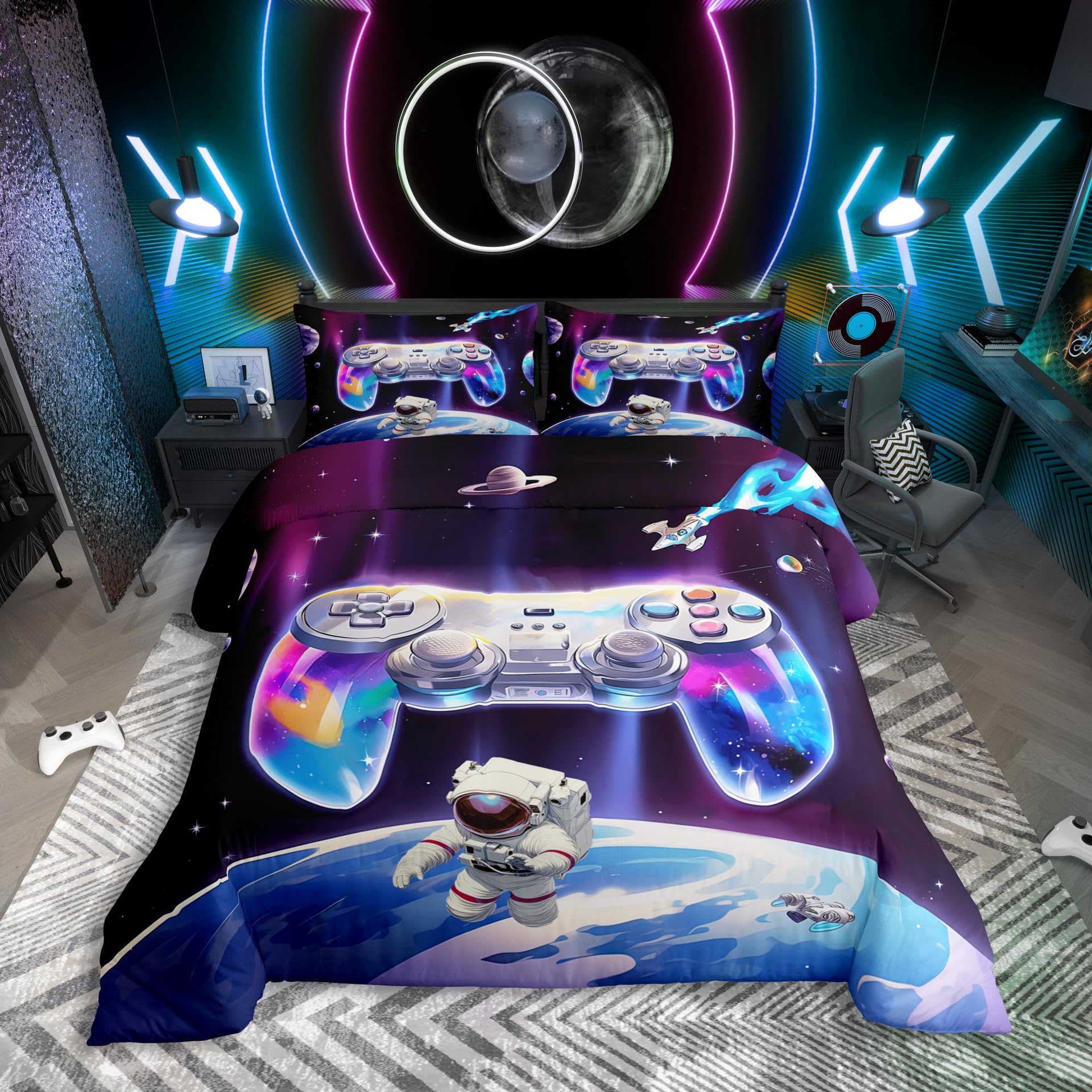 Homewish Jungen Gamepad Bettbezug Set 155x220,Gamer Spielkonsolen Bettwäsche für Kinder Teenager,Space Planet Galaxy Astronaut Gaming Bettwäscheset Gamer Dekor Jugendliche Schlafzimmer Dekor Bett Set