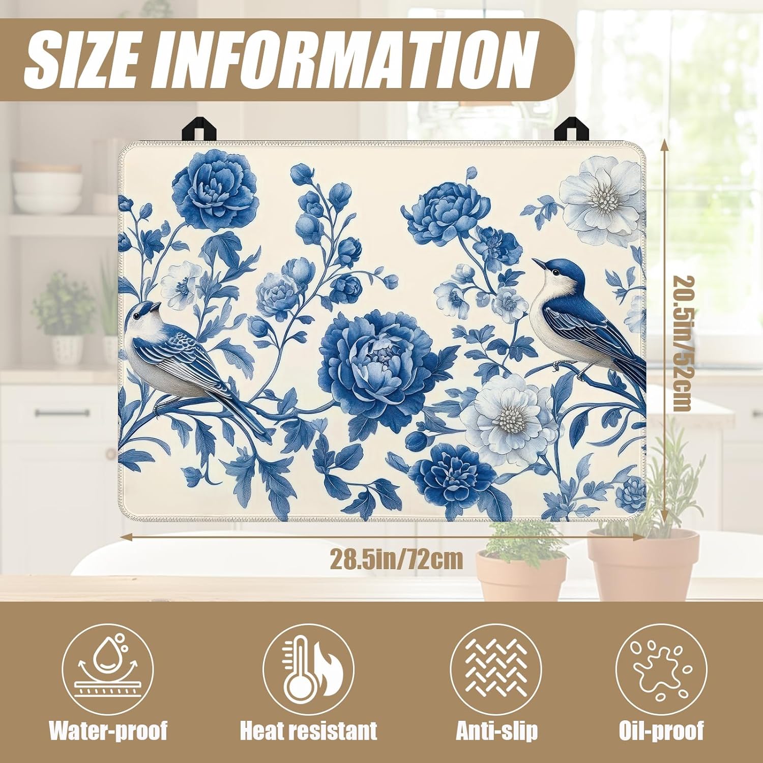 Blooming Blue Flower Stove Top Covers for Electric Stove, Birds Electric Gas Stove Pad Heat Resistant Range Cooktop Protector for Home Decor Kitchen 28"x20"