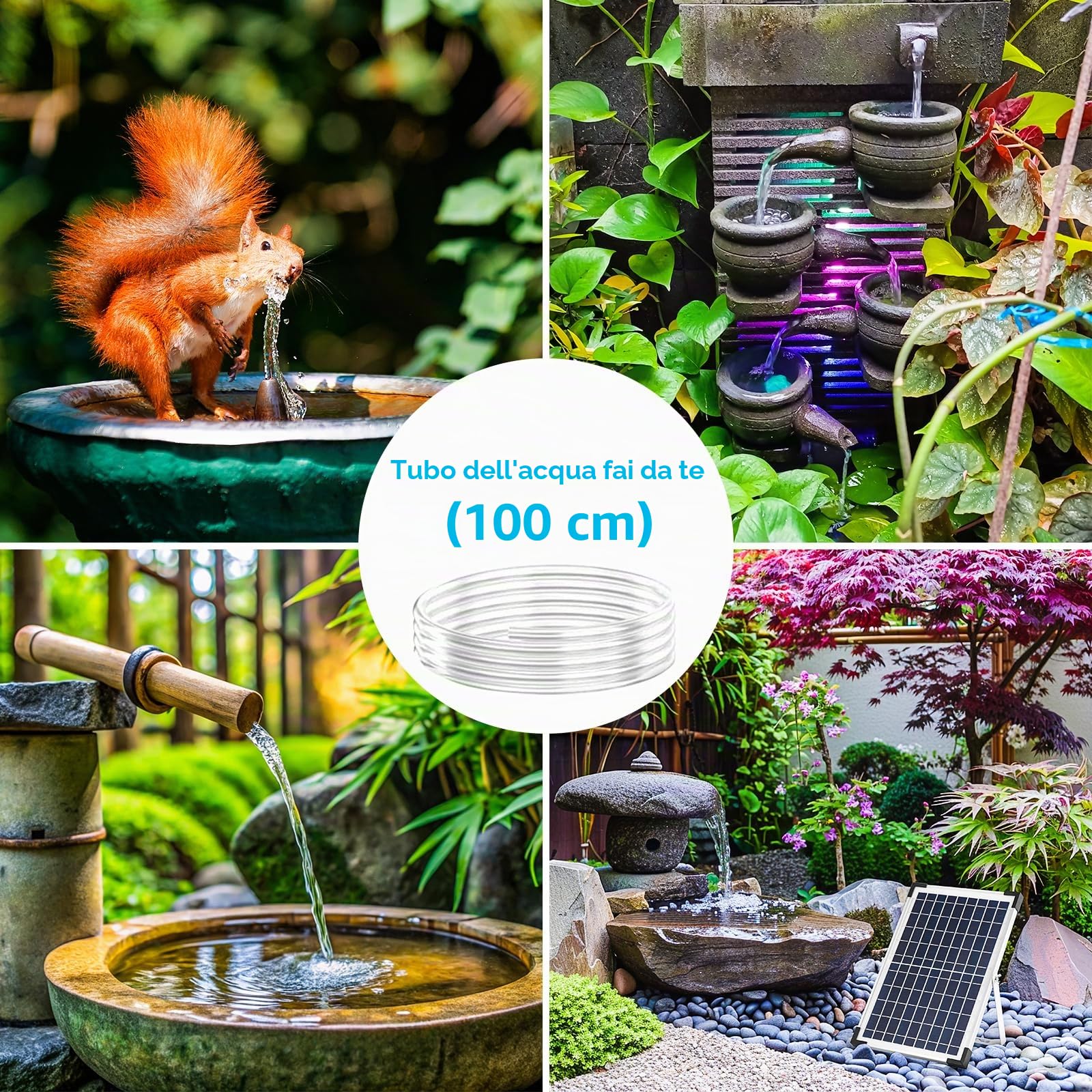 Pompa Solare da 10-12 W, 190 l/h, Fontana Solare da Giardino, Pompa Acqua Solare da Esterno, Tubo da 1 M, Lunghezza del cavo 3,25M, 9 Ugelli, per Laghetto, Bagno Degli Uccelli,Vasca per Pesci,Giardino