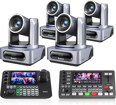 Tenveo NDI PTZ Camera Bundle/Kits, 20X AI Auto Tracking NDI SDI/HDMI/USB3.0/LANPoE PTZ Camera*4, NDI PTZ Joystick Controller and 4K HDMI + SDI Video Switcher Mixer for Live Events Large Broadcast
