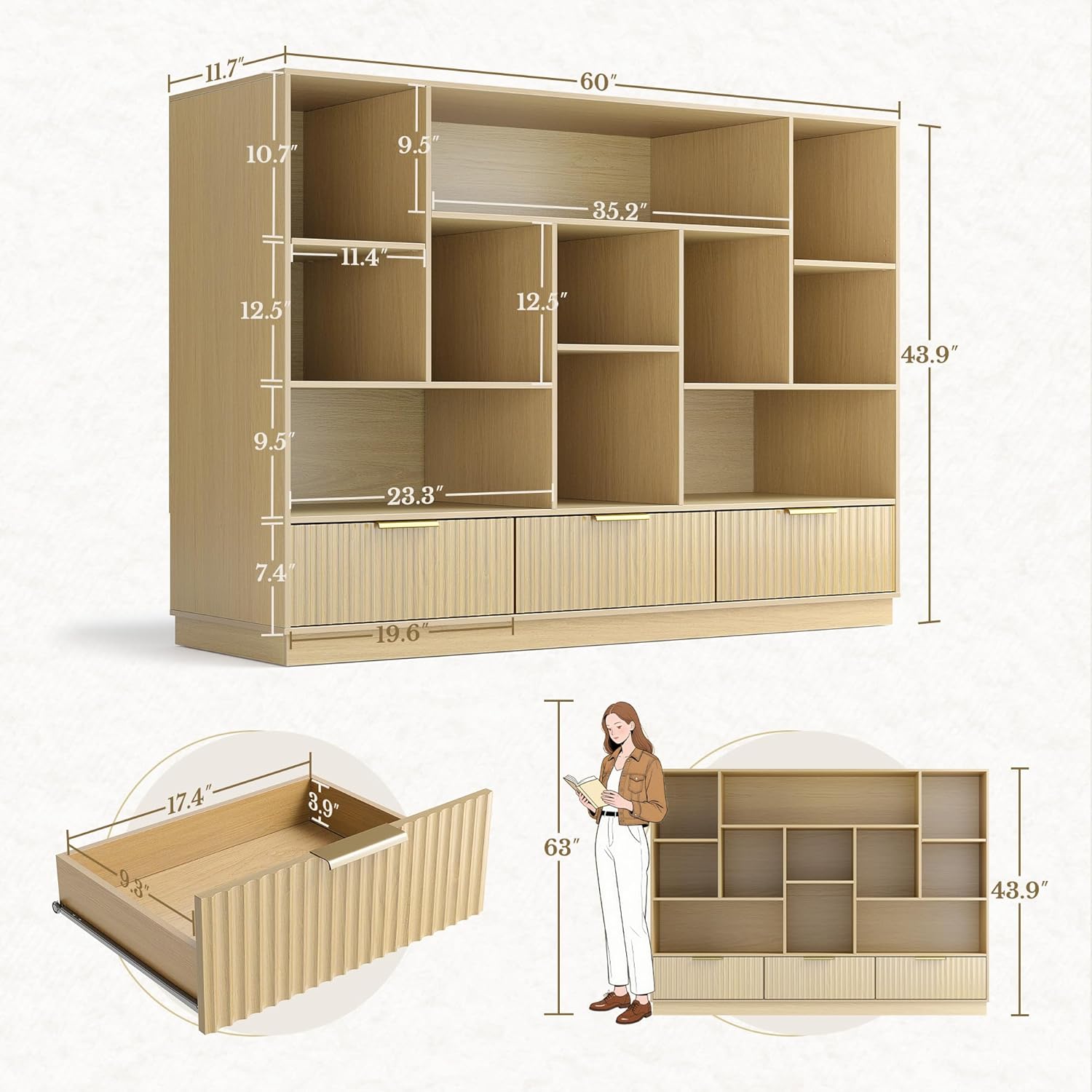 Home Office Furniture Set, 63'' L Shaped Standing Desk with 44'' Wide Bookshelf and Two 73'' Tall Bookcase, Executive Standing Desk with AC/USB, Bookshelf with Drawers, Fluted Style Light Walnut