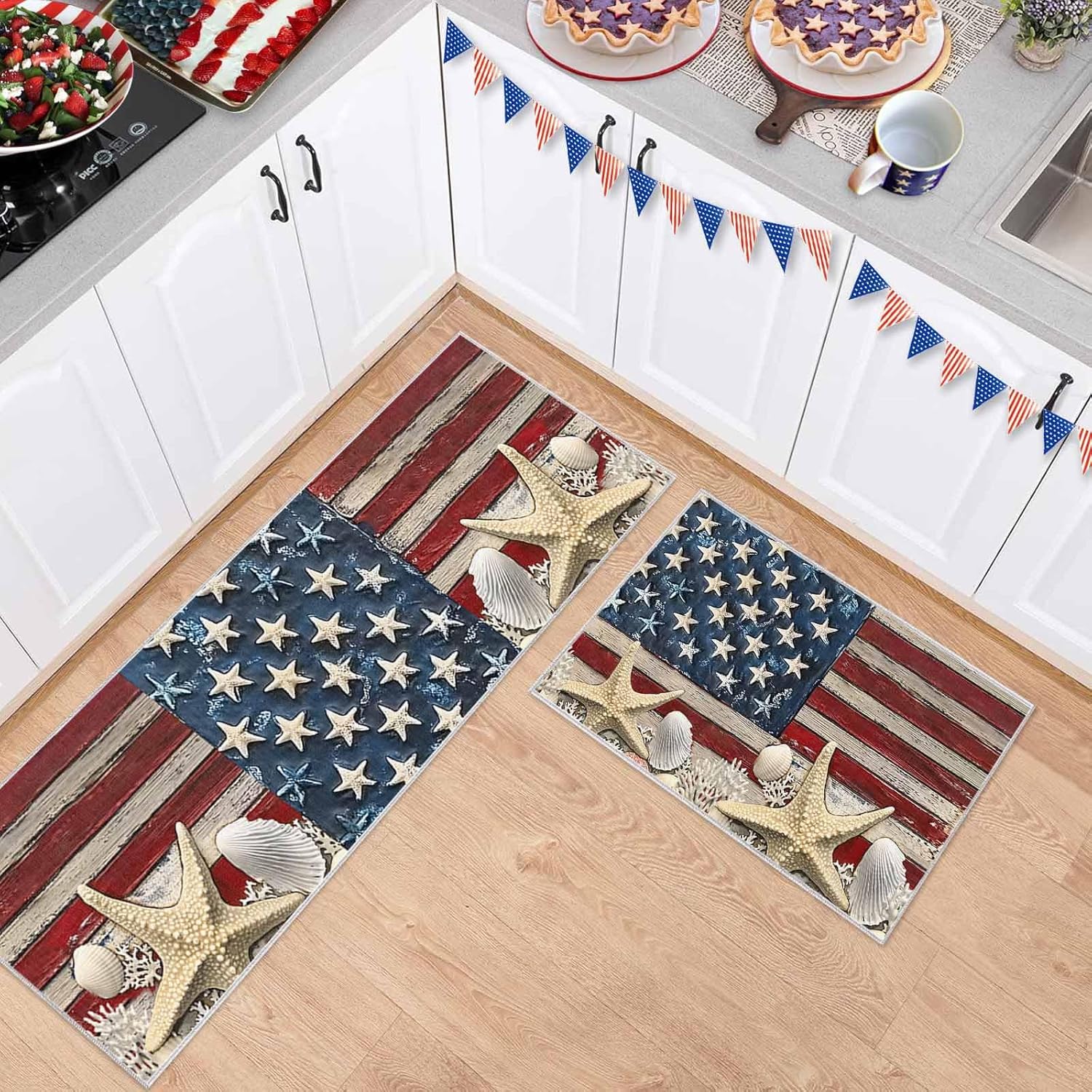 2 Pieces Kitchen Rugs and Mats,Ocean Starfish Coral Shell Area Runner Rug Set Non Slip Floor Doormat Washable Carpet Standing Mat for Kitchen Sink Indoor Corridor,4th of July Retro USA Flag Wood
