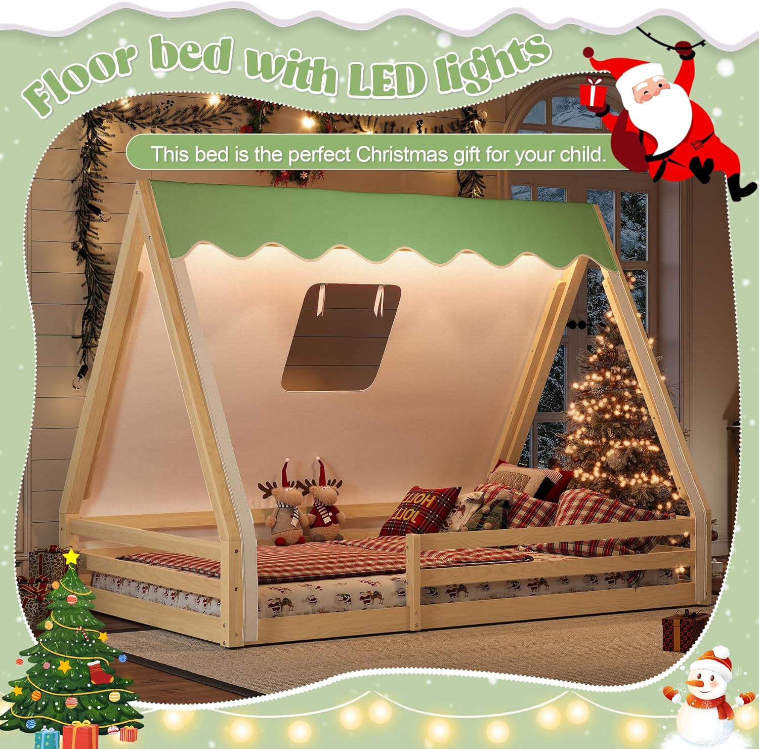 CZBZ Full Size House Floor Bed with Teepee Canopy & Warm Lights, Solid Wood Montessori Floor Beds Frame with Guardrails for Kids, Playhouse Design for Safe Sleep & Imaginative Play