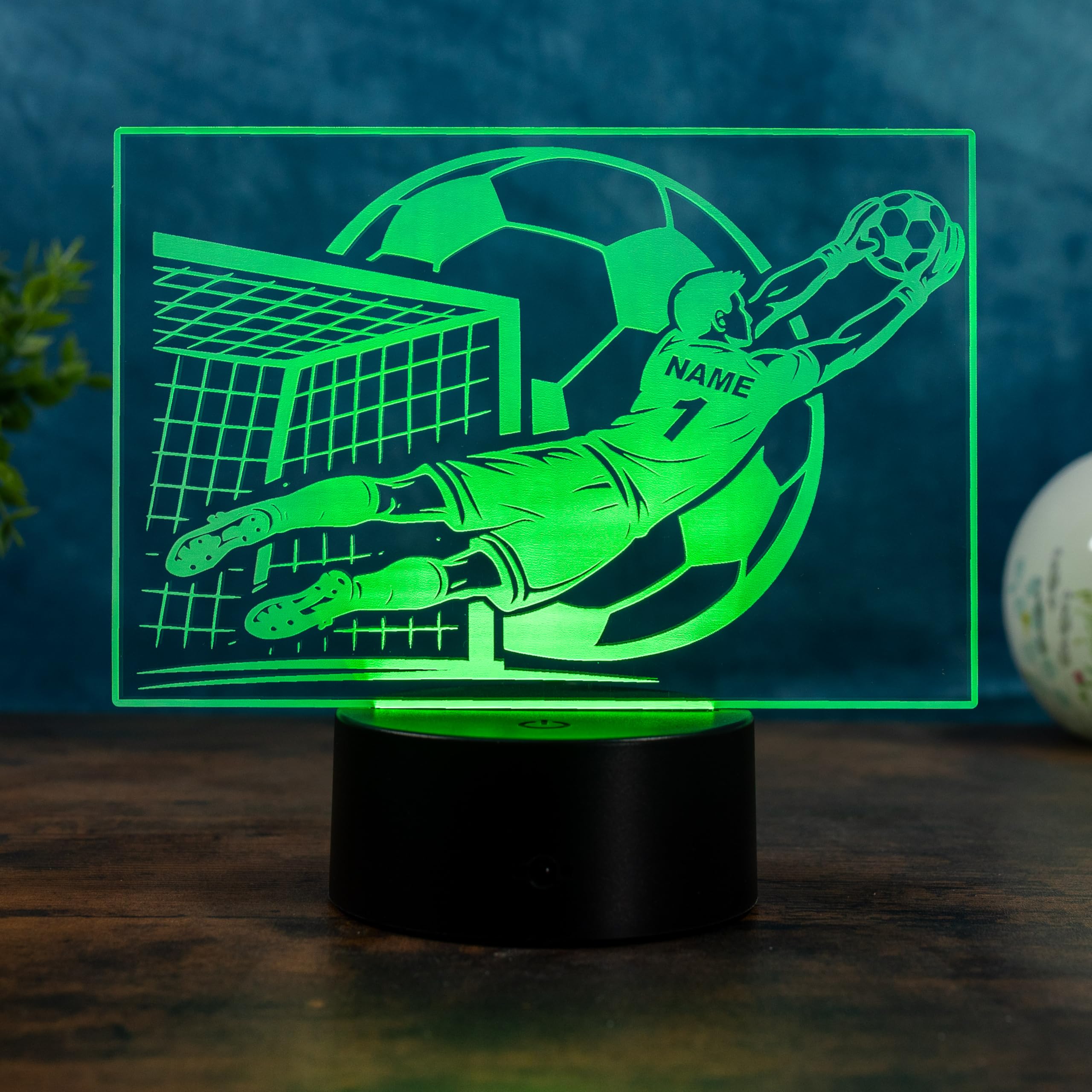 Personalisierte Fußball Torwart Lampe – Geschenkidee für Fußballer mit Name & Nummer, LED Nachtlicht dimmbar mit Farbwechsel, Fernbedienung, USB oder Batterie