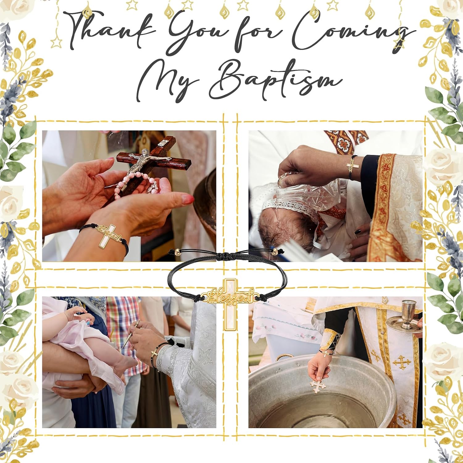 Tondiamo Baptism Party Favors for Guests Bulk Baptism Blessed Cross Bracelets Bulk Christening First Communion Party Favors Religious Bracelets with Thank You Cards for Baby Shower Souvenirs