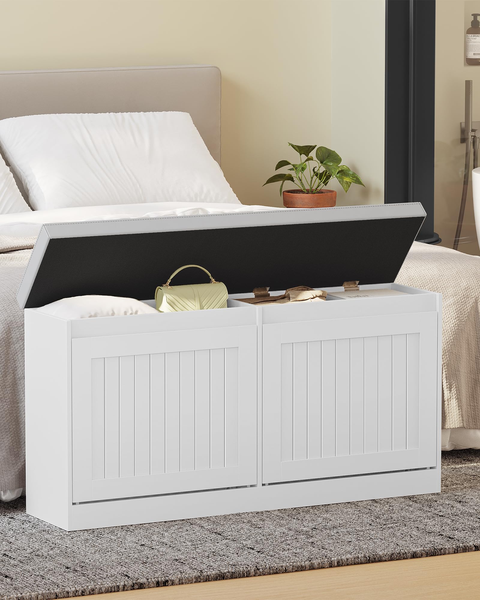 Hzuaneri Banco Zapatero, Mueble Zapatero con Asiento Tapizado, Almacenamiento Oculto, para 8 Pares de Zapatos, 25 x 103 x 50 cm, para Entrada Dormitorio Sala de Estar, Blanco SB26303GY