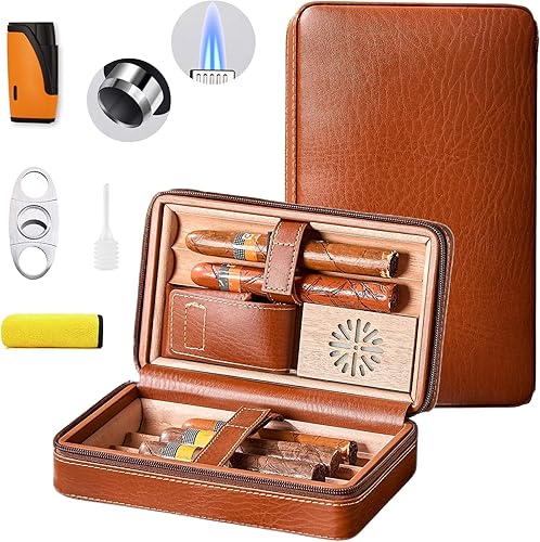Leather Cigar Case, Travel Humidor Holds 6 Cigars
