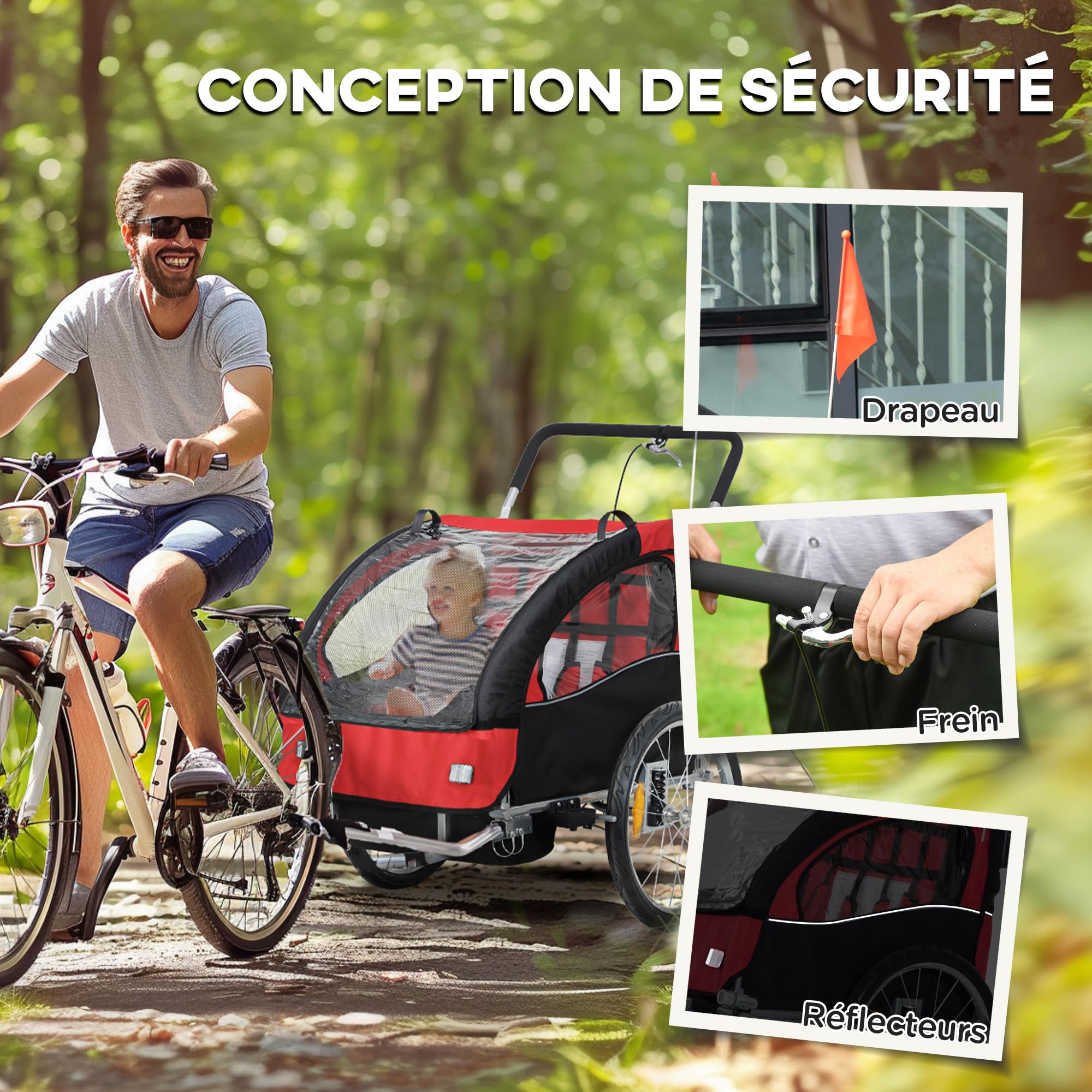 HOMCOM Remorque Velo Enfant 2 en 1 Poussette vélo bébé 2 Places avec Ceinture de sécurité 5 Points, réflecteurs, Drapeau et Rideau Coupe-Vent, Charge 40 Kg
