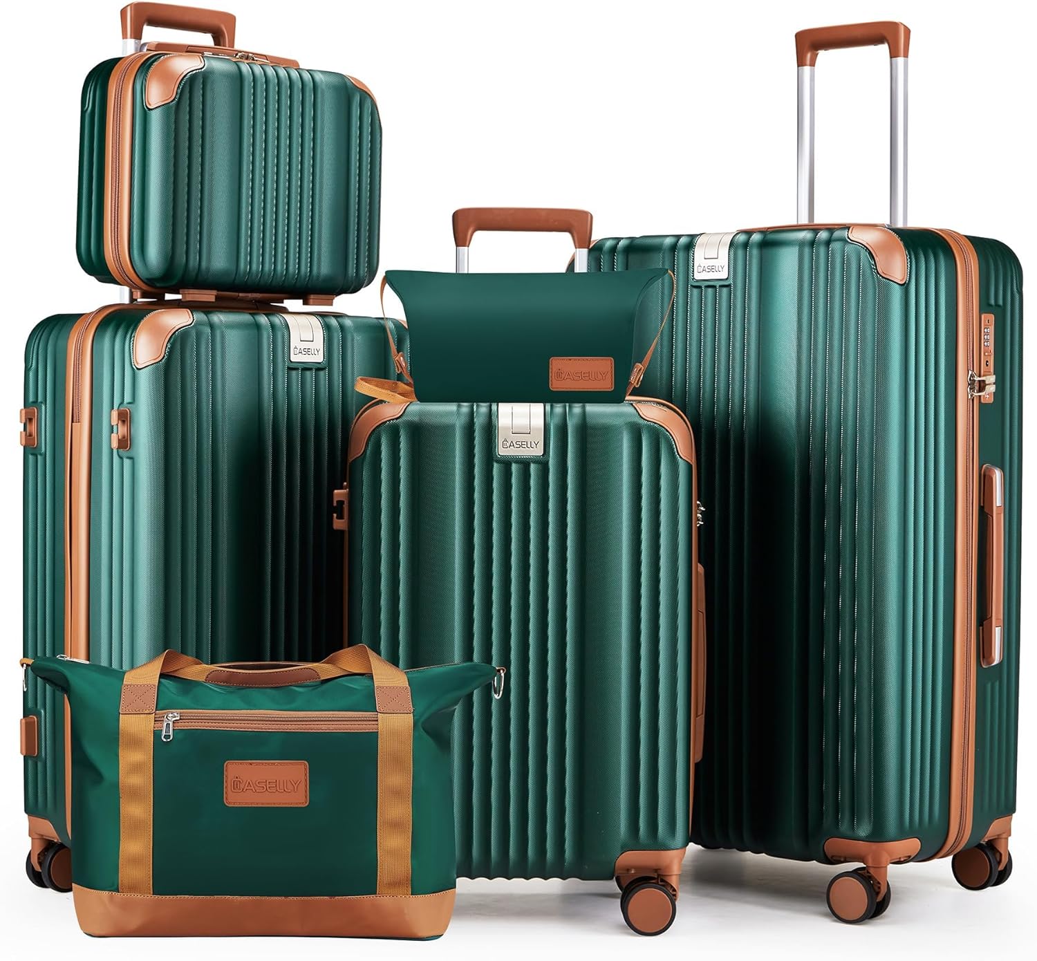 Luggage Set 6 Piece with Cup Holder,Hardshell TSA Lock Spinner Wheels Carry on Lightweight Suitcase，Hook and YKK Zippers for Valentine Gifts(Dark Green, 6 piece sets（14/20/24/28/DB/TB）)