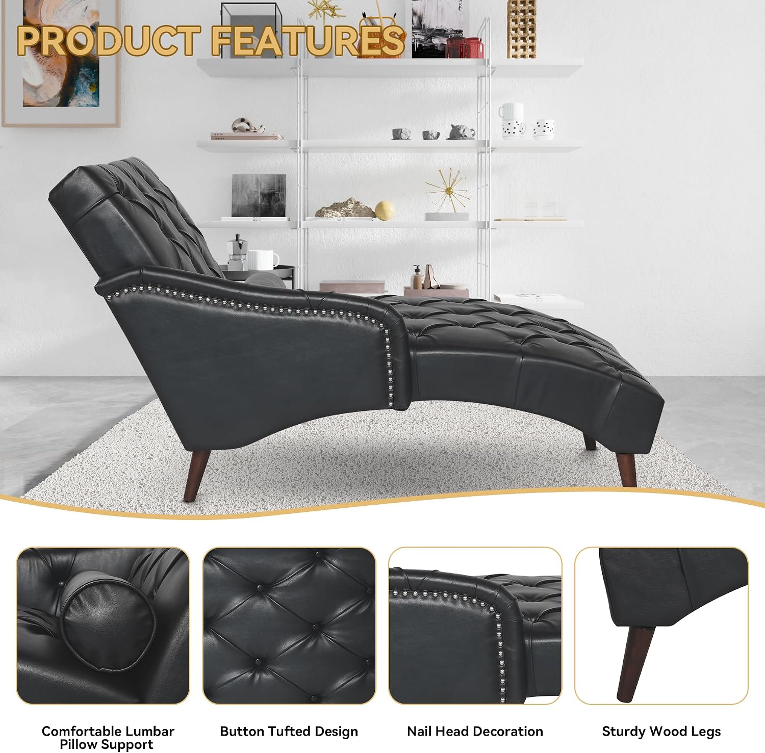 Chaise Lounge Chair Indoor with Lumbar Pillow and Wood Legs, Upholstered PU Leather Tufted Chaise Lounges, Mid Century Modern Luxury Chaise Armchair for Living Room, Bedroom, Black
