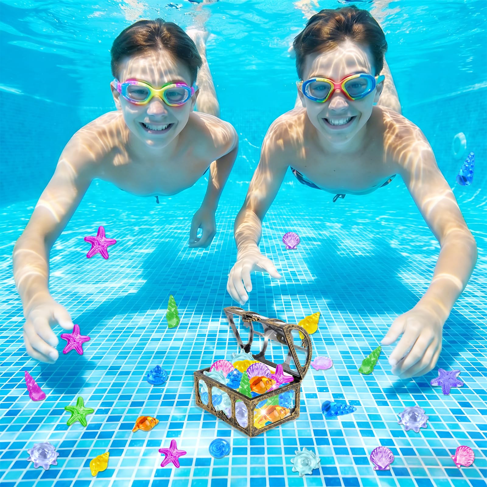 Set de Gemas Coloridos, 36 Gemas Piratas de Acrílico con 1 Cofre Pirata, Piedras Preciosas de Buceo, Juguetes de Piscina Diving Gems para Piscinas, Playas y Búsquedas del Tesoro (D)