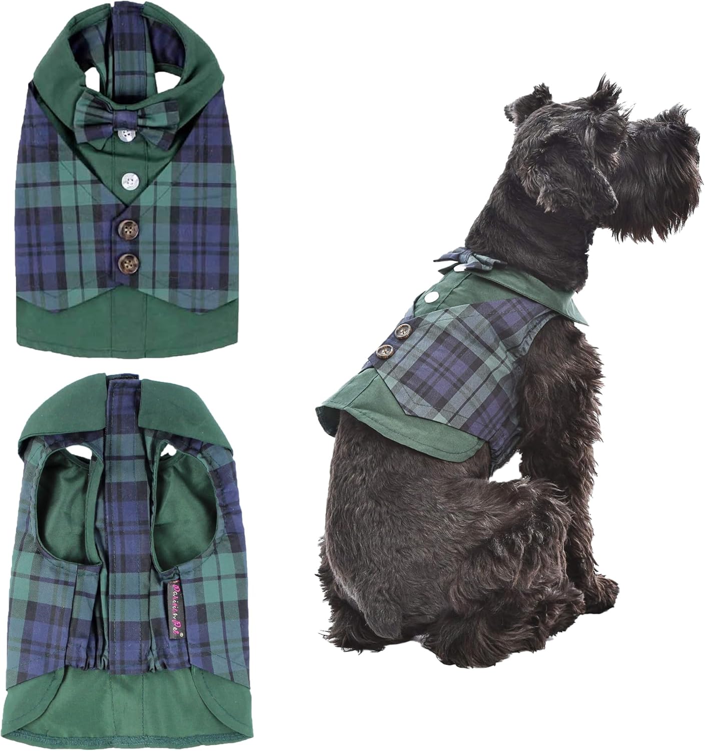 Parisian Pet Tuxedo Dog Shirt - Scottish Green Clothes for Large Dogs - Stylish Dog Wedding Outfit - Lightweight Puppy Clothes - Party Shirts for Dogs with Bow Tie - Formal Pet Apparel