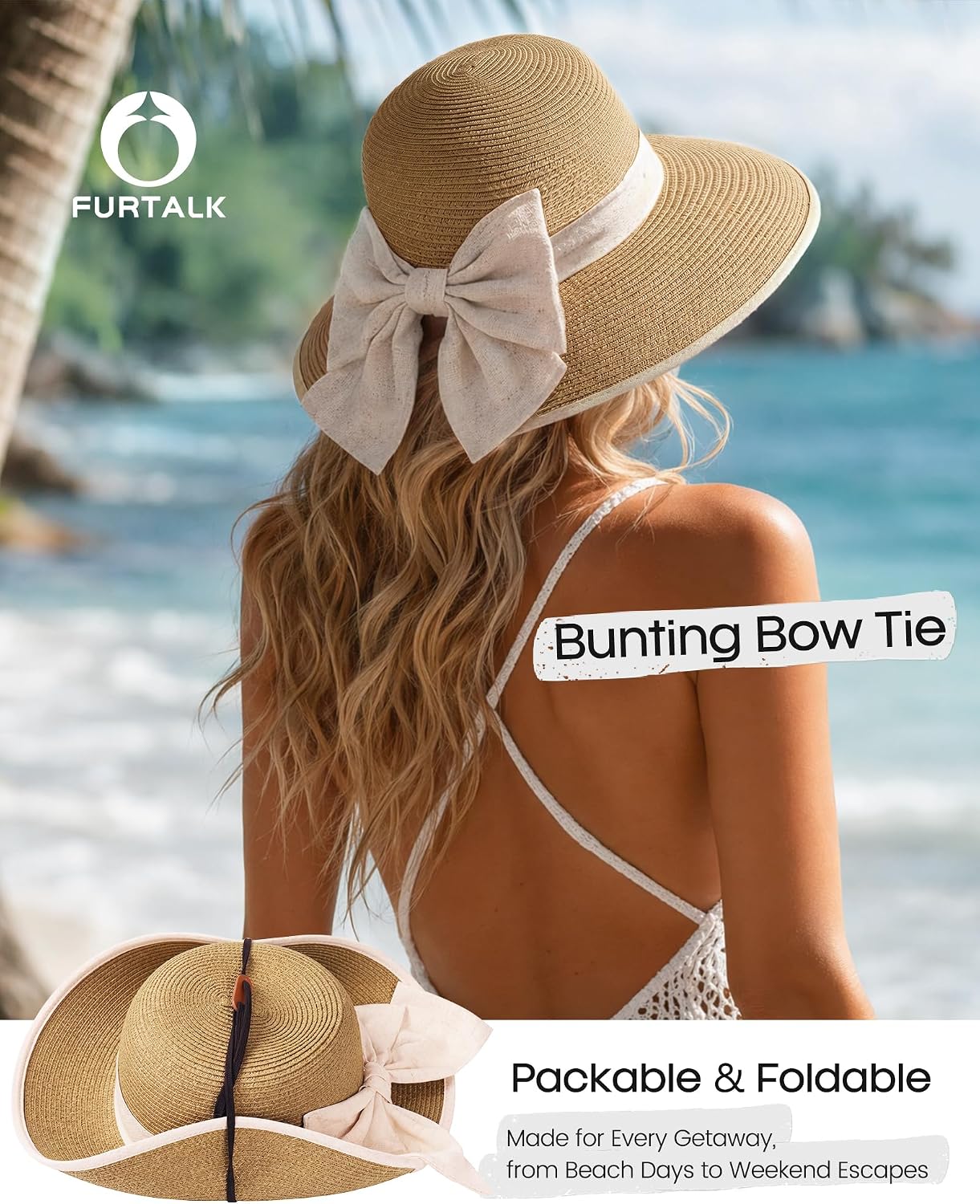 FURTALK Womens Beach Sun Hats Ponytail Hole Foldable Travel