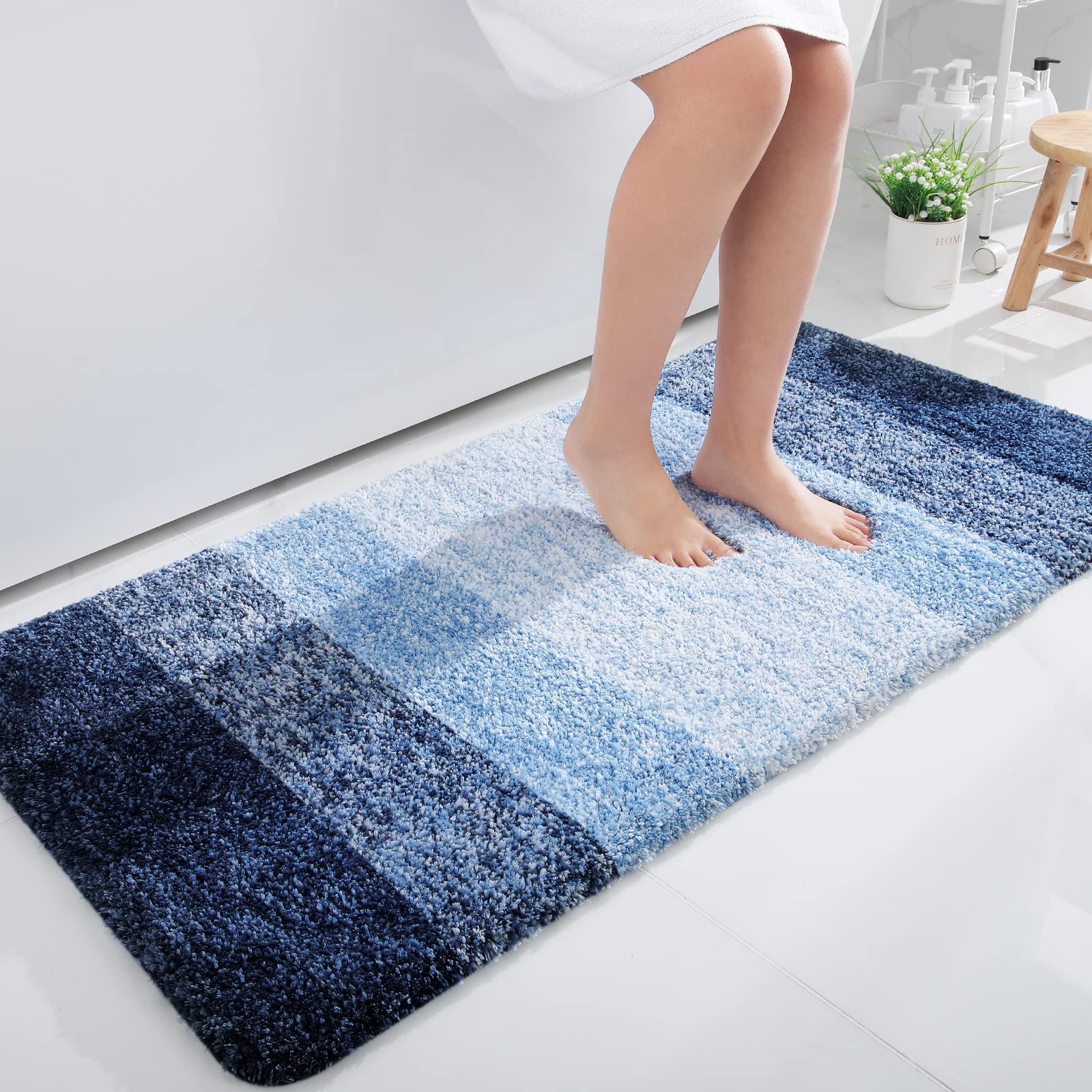 OLANLY Luxury Bathroom Rug Mat 44x24, Extra Soft and Absorbent Microfiber Bath Rugs, Non-Slip Plush Shaggy Bath Carpet Runner, Machine Wash Dry, Bath Mats for Bathroom Floor, Tub and Shower, Navy