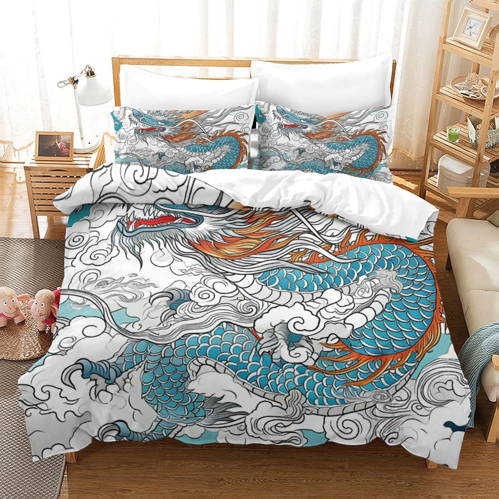 Parure de lit dragon motif 3D housse couette super king 260x220 microfibre douce 3 pièces