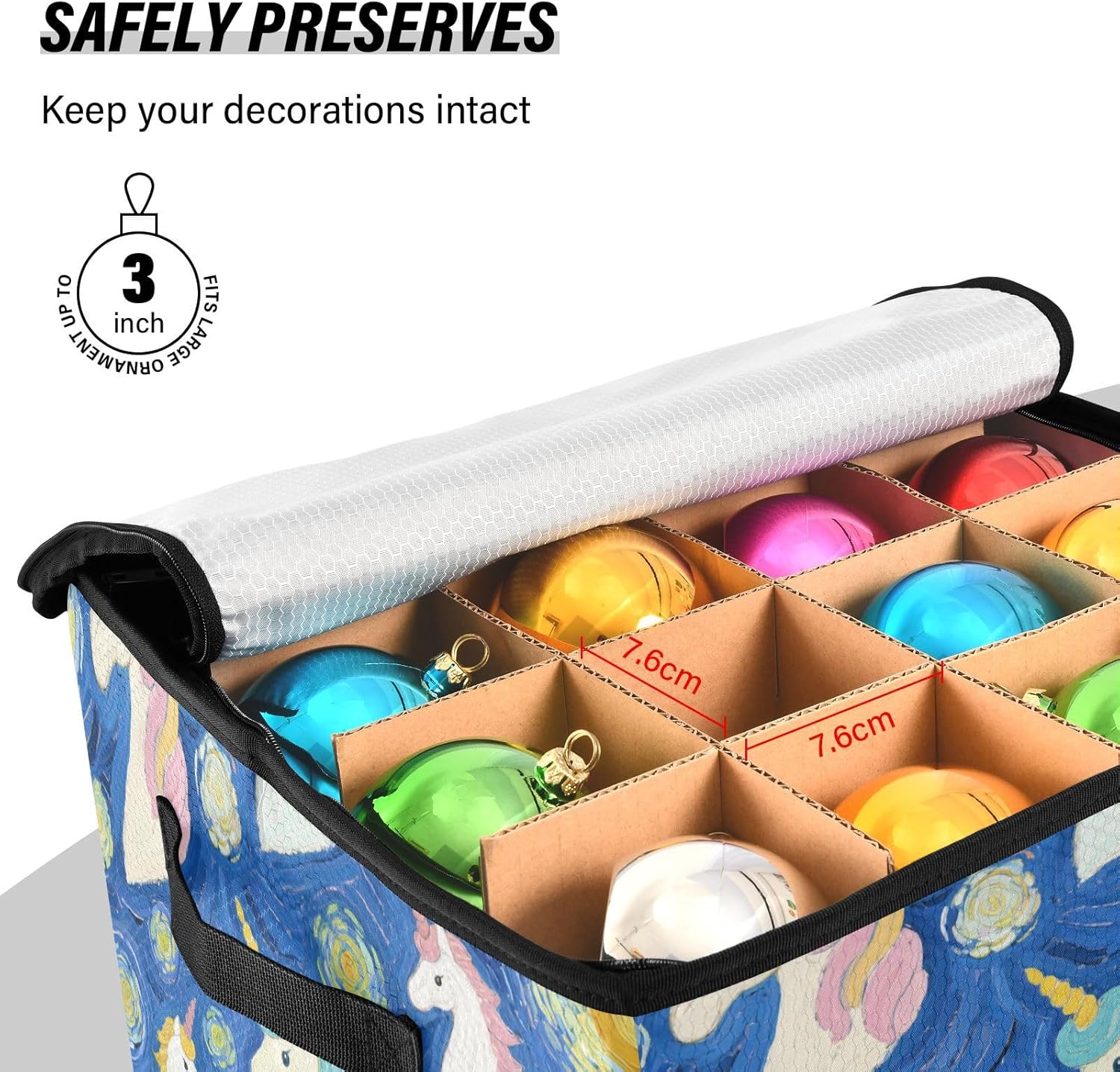 High Capacity Christmas ornament organizer Holds Up to 64, Adjustable Dividers, Zippered Top, Two Handles foldable Holiday Storage Case with Lid,Art Oil Painting unicorns Blue