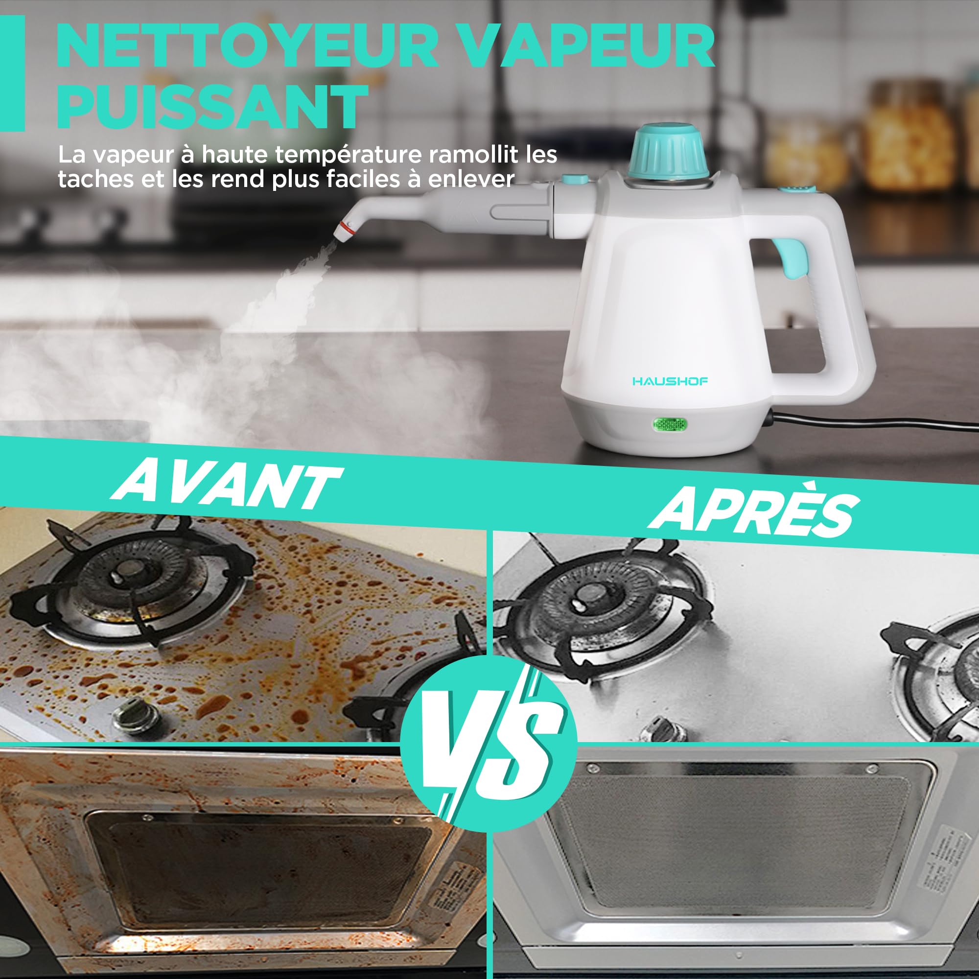 HAUSHOF Nettoyeur Vapeur a Main 450 ml Réservoir d'eau avec 8 Accessoires pour Adoucit Taches, Nettoyeur Vapeur Manuel Portable pour Canapé, Cuisine, Sol, Salle de Bain, Voiture