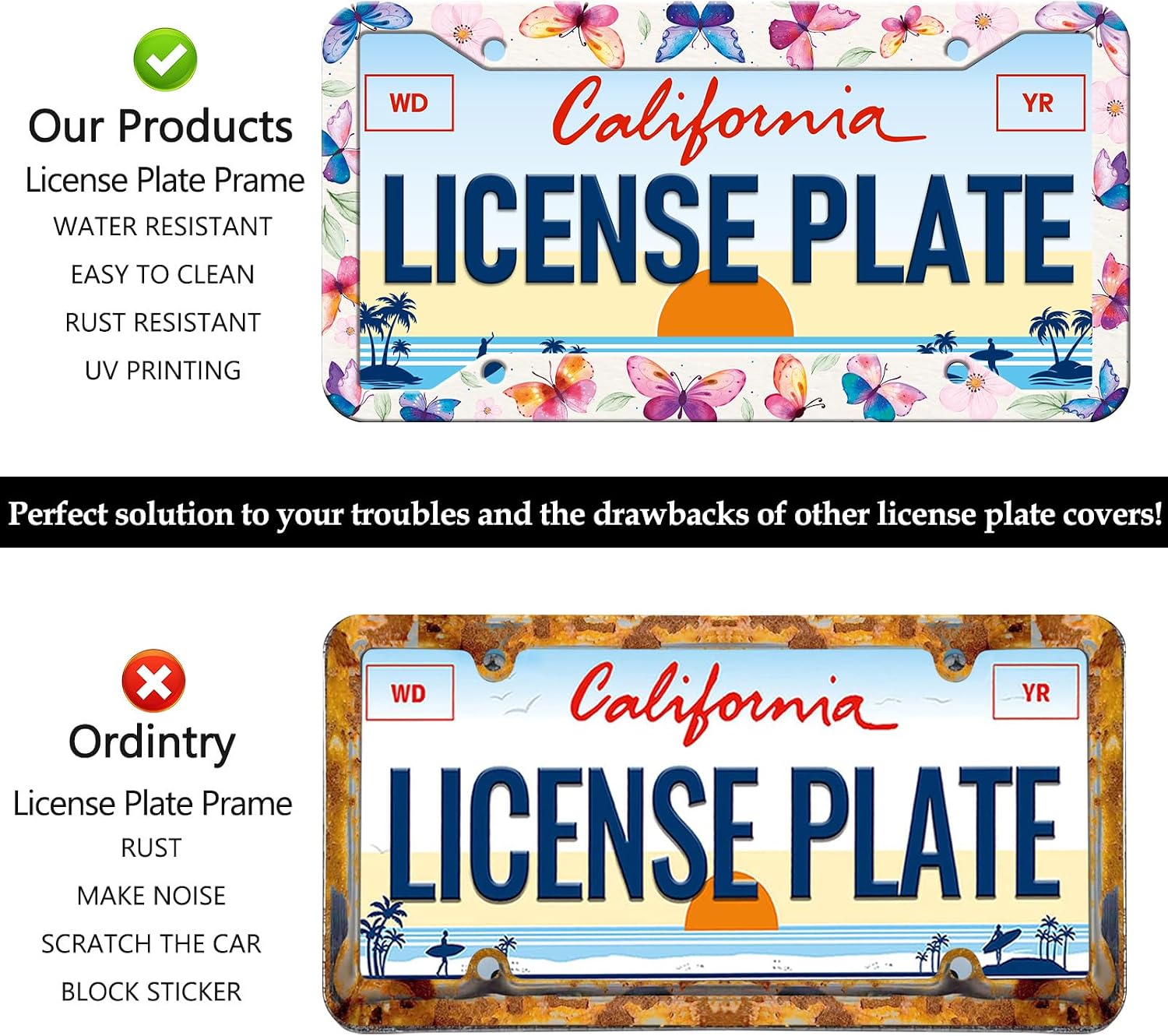 HCSS Colorful Butterfly License Plate Frames - 2 Pack Watercolor Butterfly License Plate Holder, Aluminum Metal Rust-Proof Waterproof Car Decorative Tag Frame for Standard US 12x6 Inch image 4