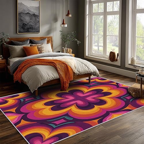 Miniatura 3 de Retro 70s Rug, Large 8x12 Area Rugs Floral Heart Orange Pink Pattern for Living Room, Bedroom, Retro 70s Home Decor Accessories Indoor Carpet, Non