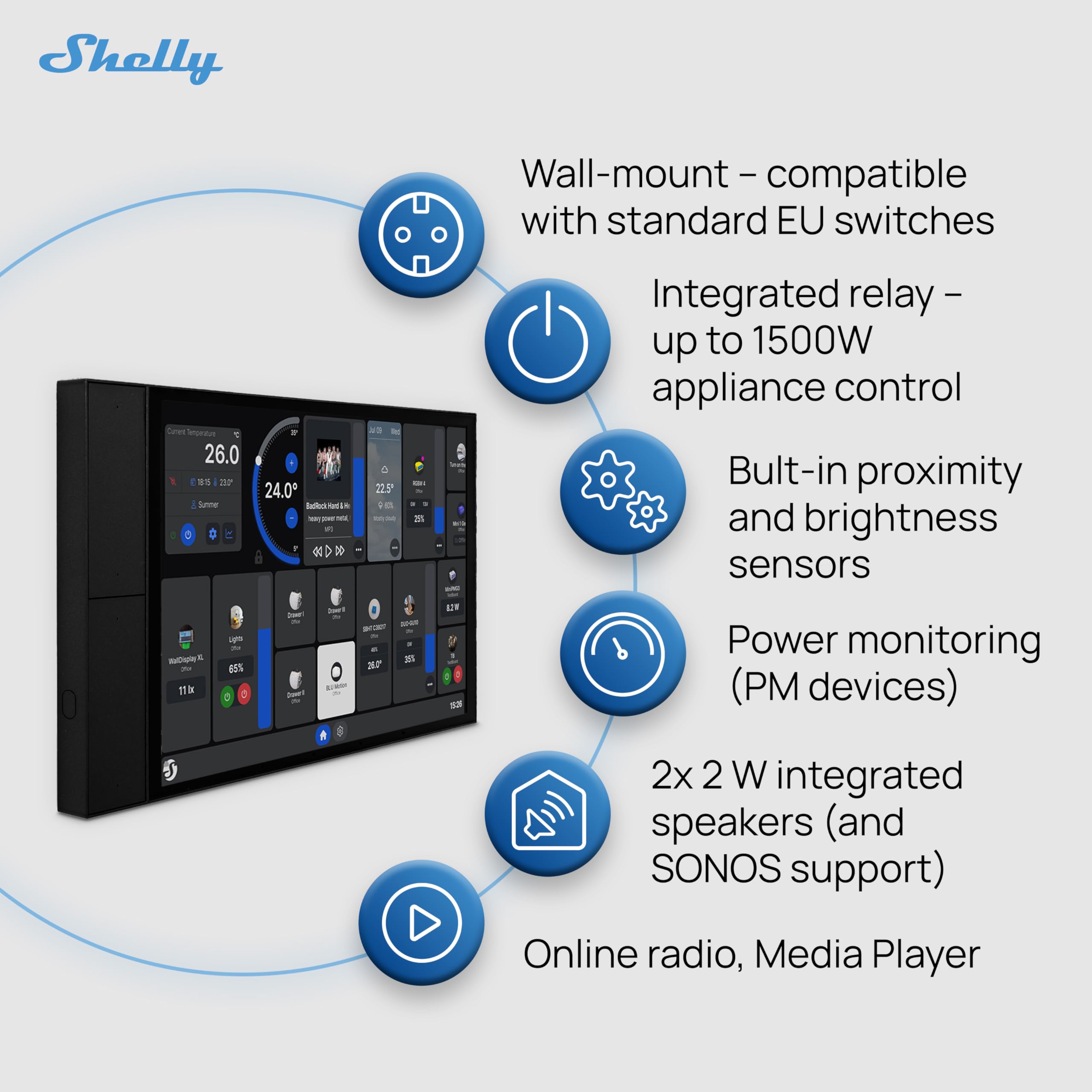 Shelly Wall Display XL Negro – Panel Domótico Mural Táctil 10,1", Wi-Fi 6 y Bluetooth, Relé 5A Integrado, 4 Botones Físicos Personalizables, Altavoces, Home Assistant, Aplicación