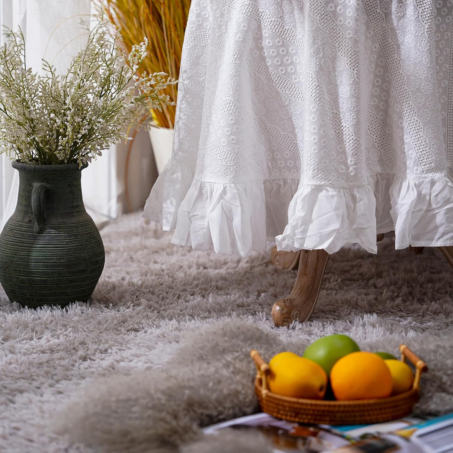 White Cotton Tablecloth Ruffled Lace Embroidered Fabric Tablecloths RusticFrench Washable Table Cover for Indoor Outdoor Home Holiday Party Christmas (White, 60 Inches Round)