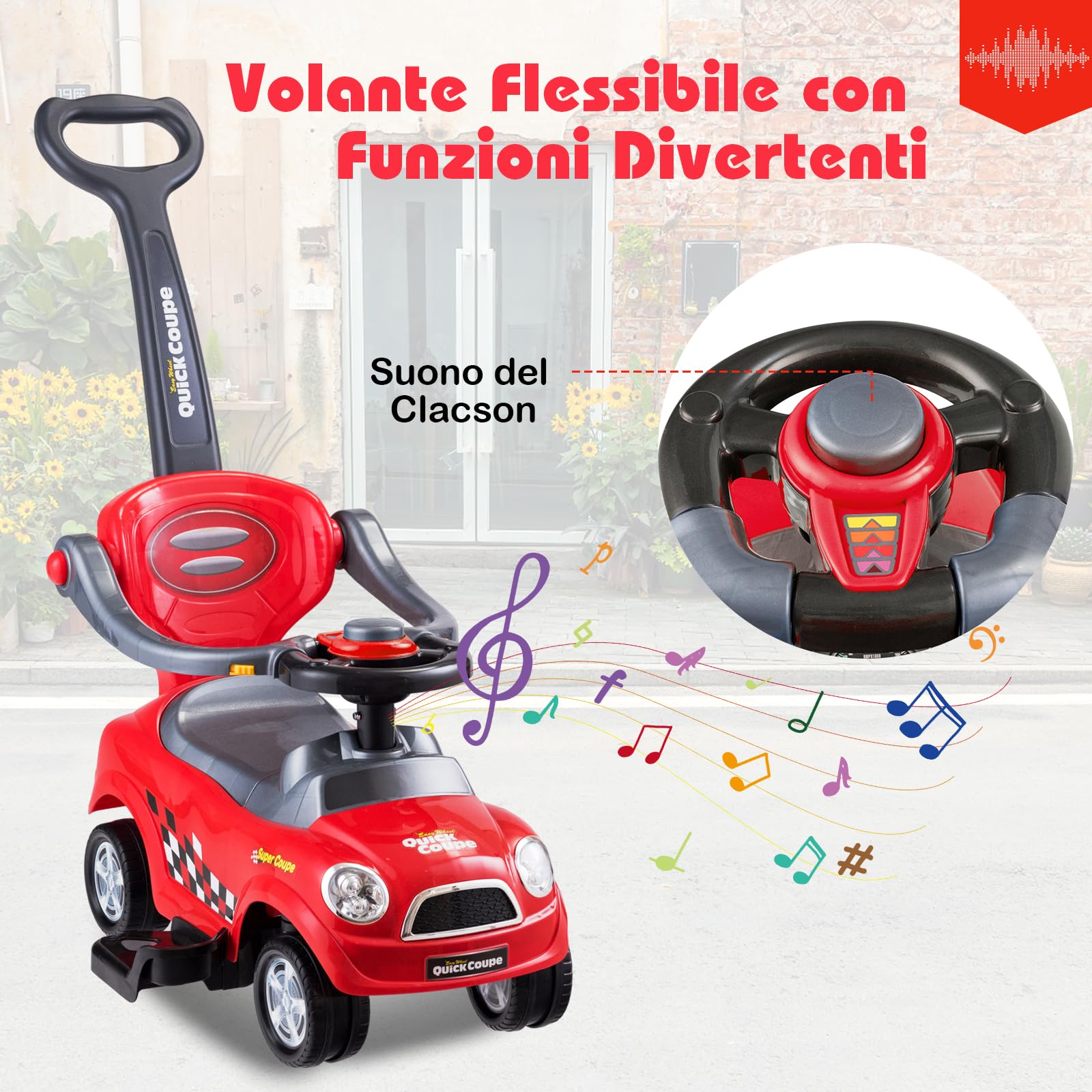 COSTWAY 3 in 1 Macchina Cavalcabile a Spinta per Bambini, con Guardrail Staccabili e Maniglia Clacson, Spazio di Archiviazione Nascosto e Design Anti-ribaltamento, Ideale per Bambini 2-6 Anni (Rosso)