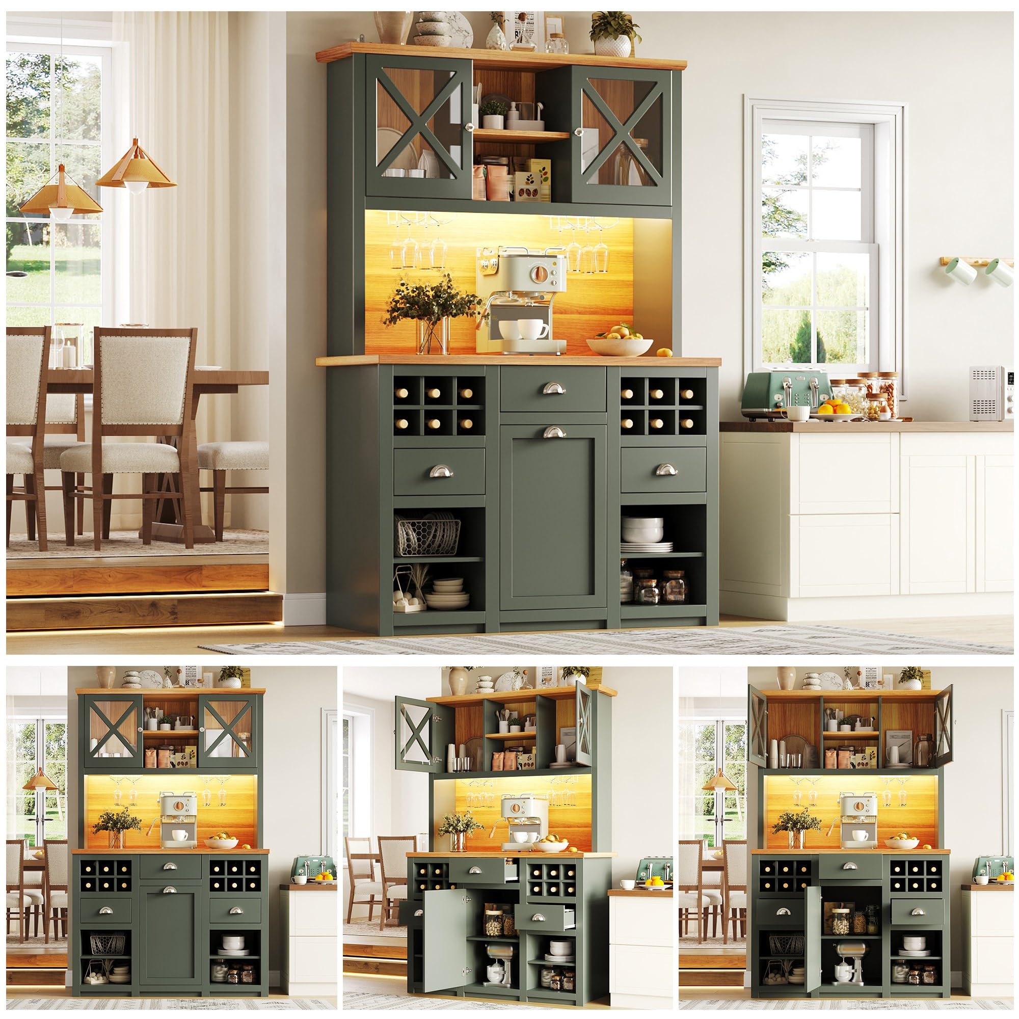 Hohe Küchenschränke (120 x 45 x 188 cm), Sideboards, mit Glastüren und LED-Beleuchtung, Beistellschrank mit Weinregal, Verstellbare Regalböden, Grün
