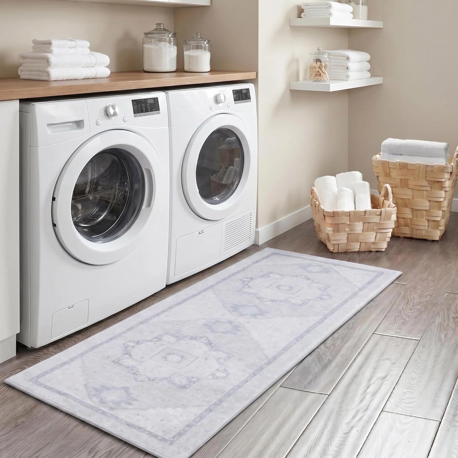 Washable Vintage Runner Rug Non Slip Mudroom Rug Light Grey Floral Thin Long Bath Mat Carpet Entryway Runner for Bedroom Laundry Room Kitchen Hallway,18" x 47"