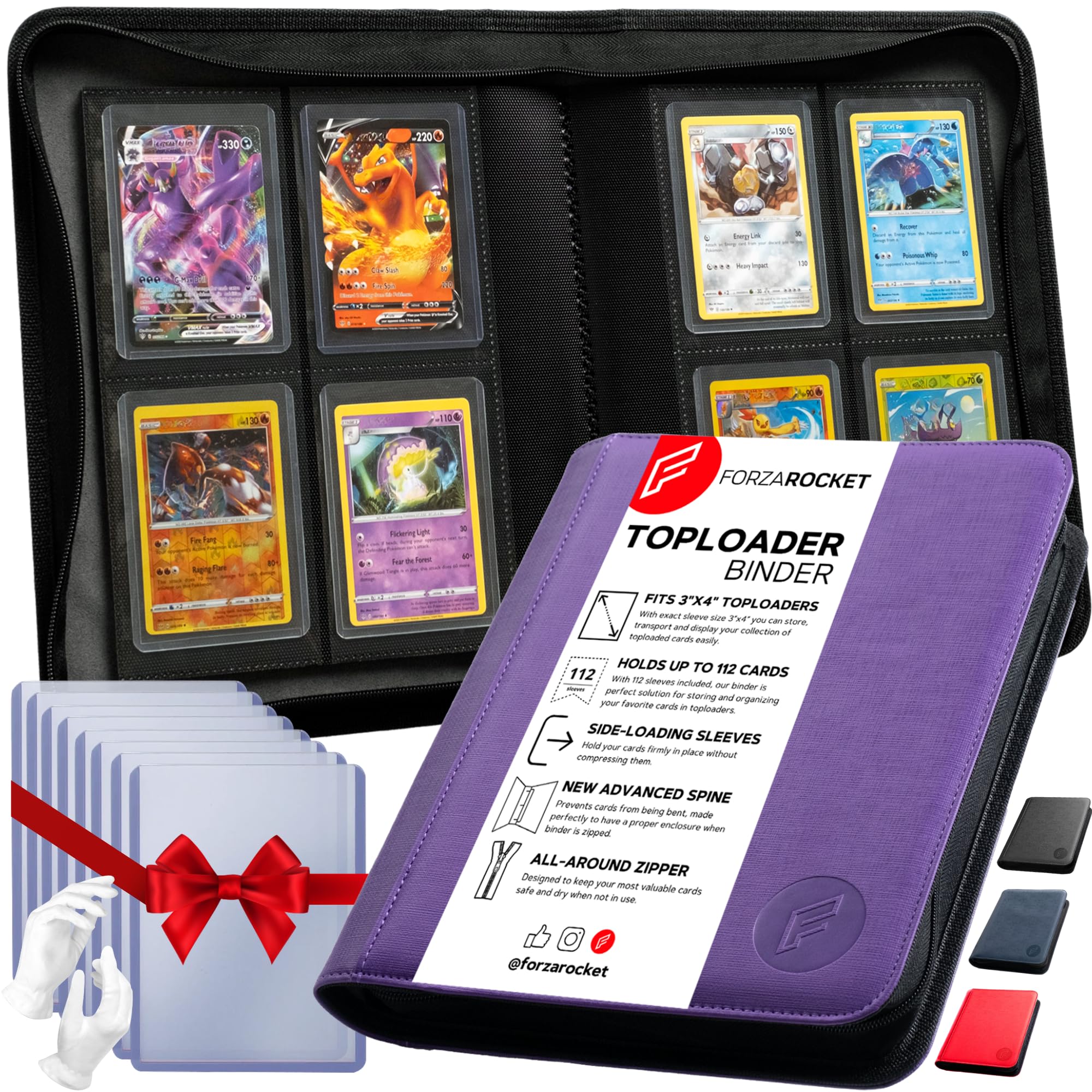 FORZAROCKET 4 Pocket Toploader Binder, Holds 112 Top Loaders, 8 INCLUDED, Waterproof PU Leather, Archival Safe Pockets, Compatible with Sports, Trading Cards in 3"x4" Toploaders (Purple)
