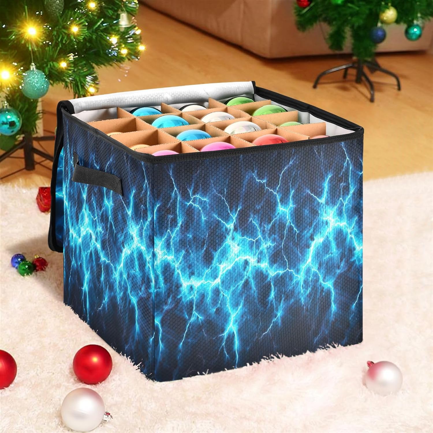 Blue Lightning Bolt 13 Inch Christmas Ornament Storage Box with Lid - Holiday Decor Storage Containers, Stores 64 Ornaments, 3 Inch Cube Compartments