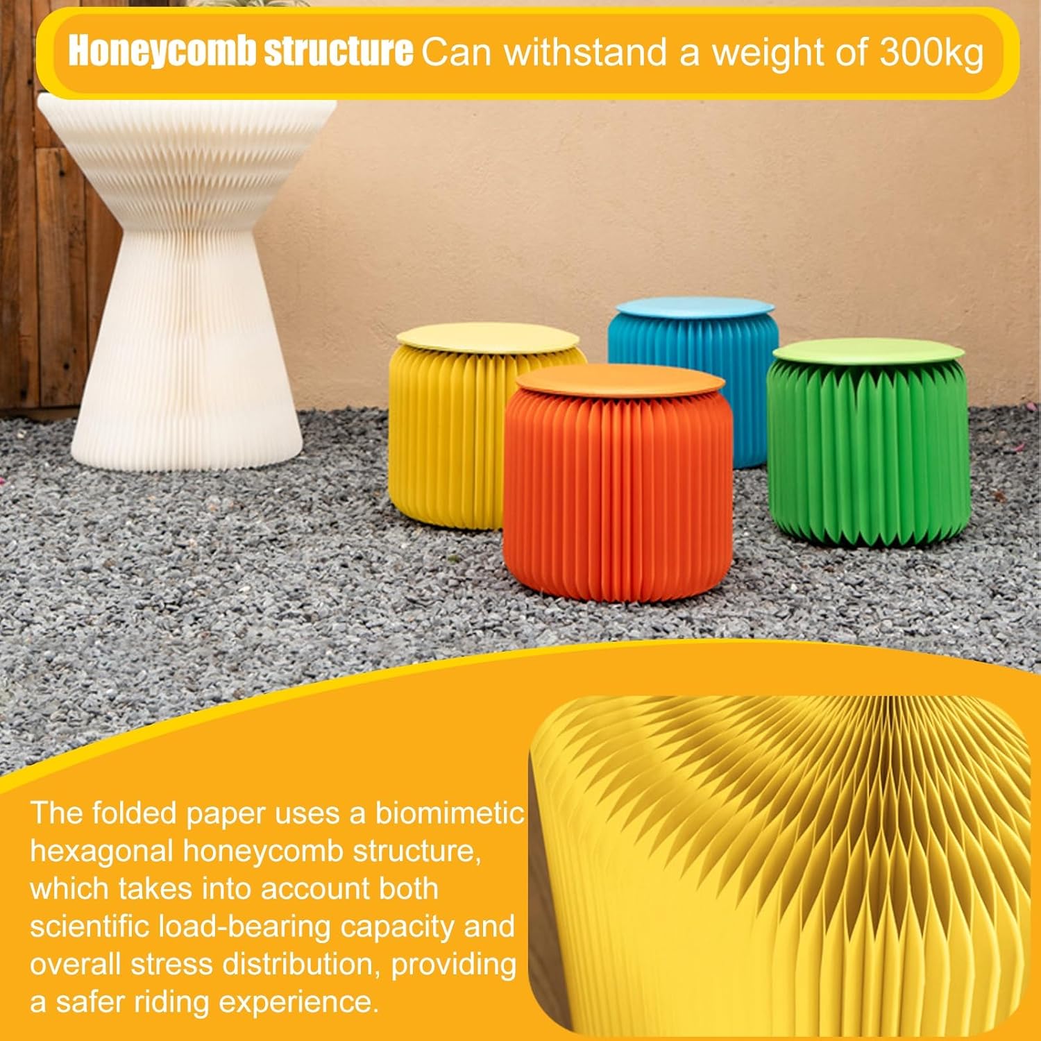 Accordion Folding Paper Stool, Collapsible Stool with Cushions, Eco-Friendly Kraft Honeycomb Design, Cardboard Stool for Fitting Room, Exhibition Halls, Office, Easy Assembly(Yellow,32x30cm)