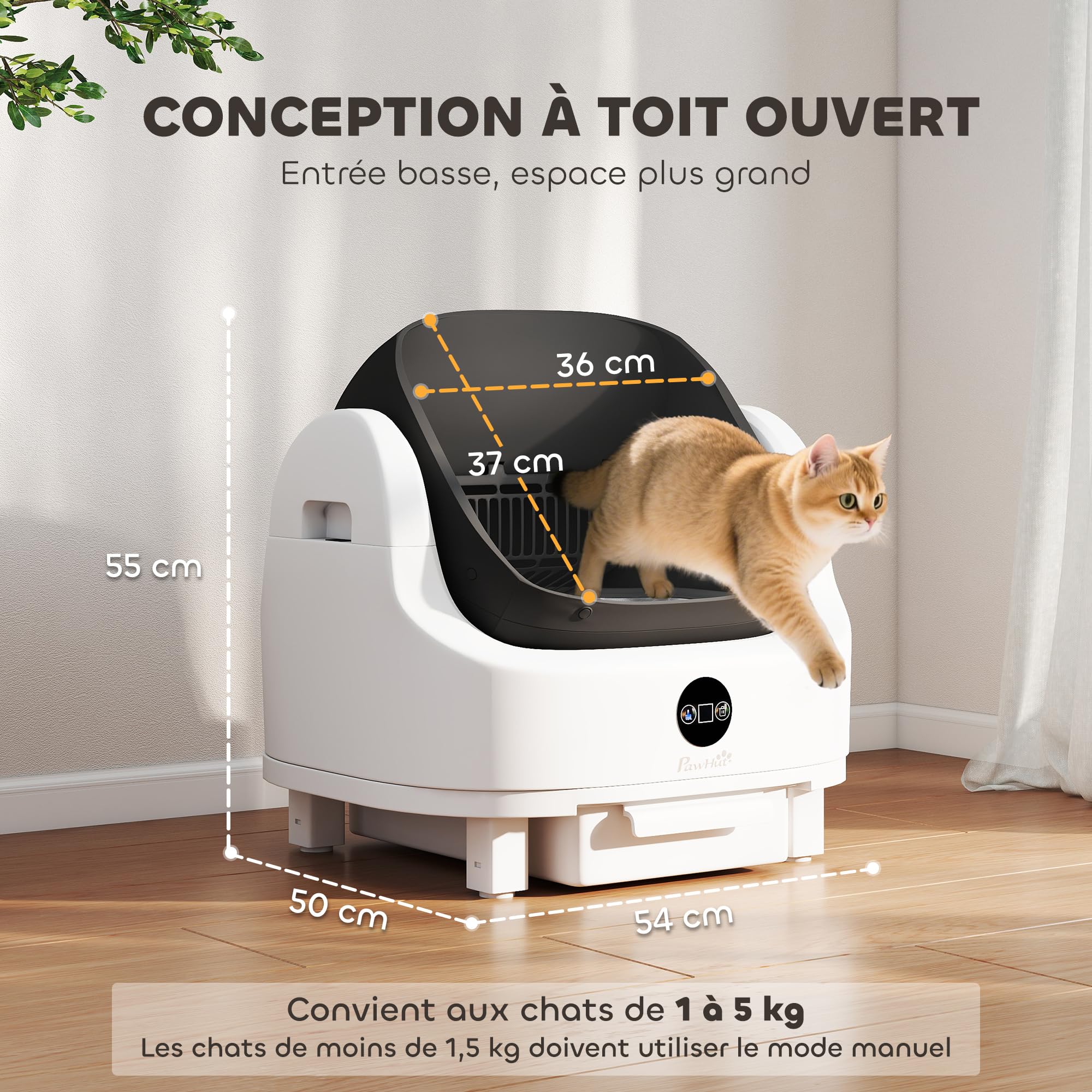 PawHut Litière Chat Autonettoyante Ouvert, pour Plusieurs Chats Blanc | Bac à Litière pour Chat Automatique, Isolation Odeurs/Protection Sécurité, Sac Poubelle, Grande Poubelle