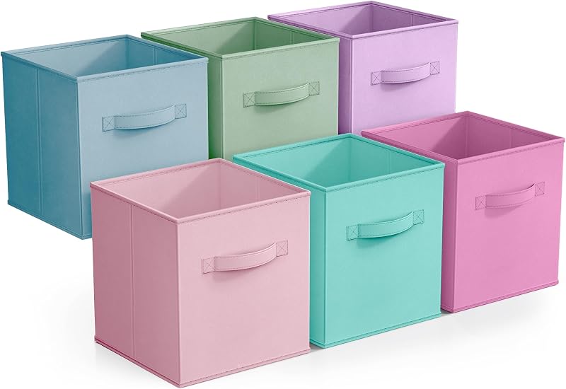 Cubo de almacenamiento, tela, paquete de 6 (11 pulgadas, multicolor pastel 2) | Cubículos plegables con asas para transportar ropa y juguetes; Cestas de colores resistentes para la habitación de los niños.