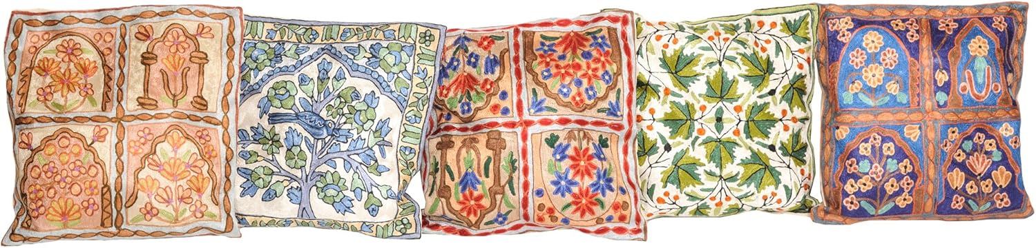 Lot of Five Cushion Covers from Kashmir with Dense Chain-Stitch Embroidery - Silk Thread on Canvas C