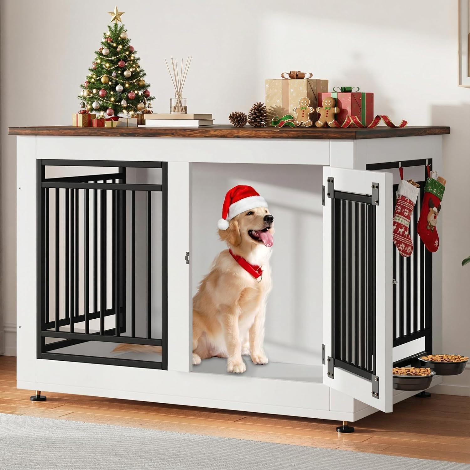 YITAHOME 39" Dog Crate Furniture, Wooden Side End Table with Adjustable Feet and Removable Bowls, Dog Kennel Indoor for Medium Large Dogs