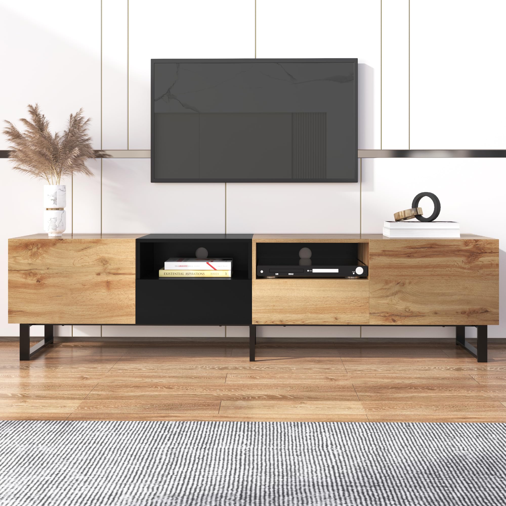 Azkoeesy Mueble de TV Salón Efecto Madera Natural 190 cm, Patas Metálicas Negras Resistentes, 2 Cajones y Puertas