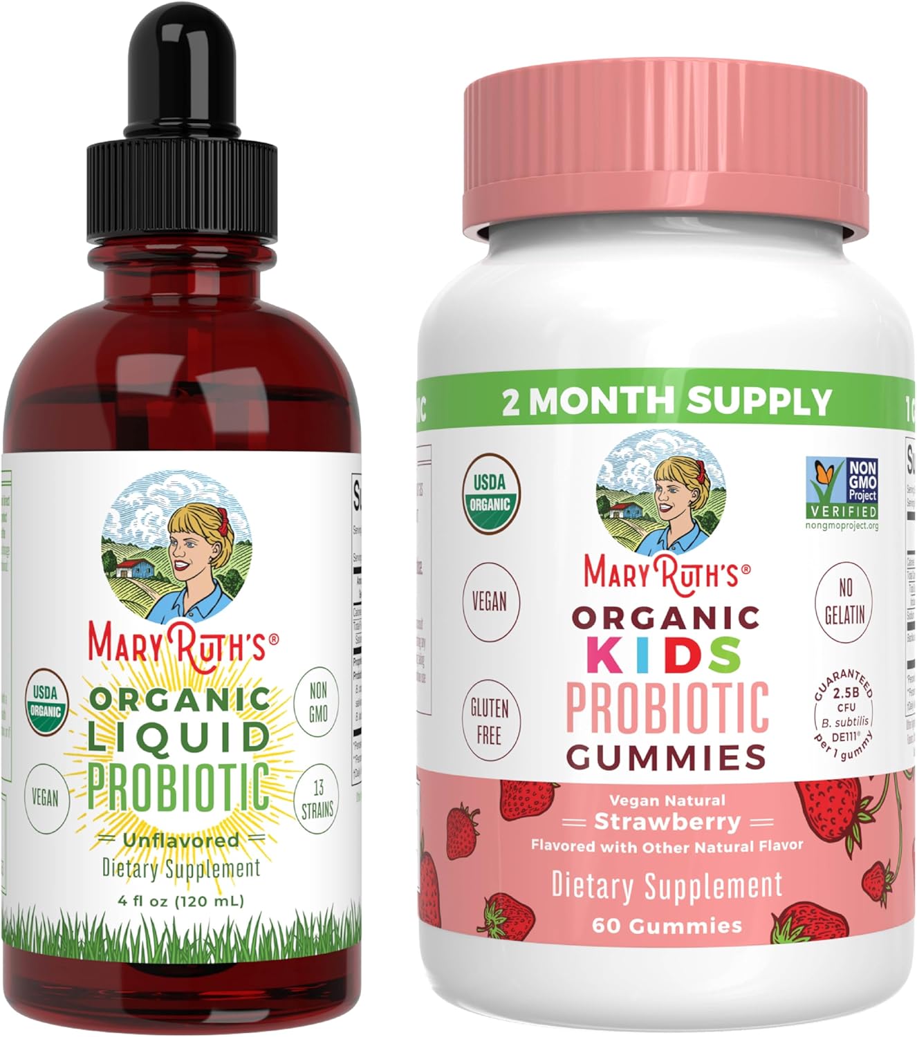 MaryRuth's Probiotic (Unflavored) & Probiotic Gummies for Kids (Strawberry) | USDA Organic, Clean Label Project Verified® | Vegan, Non-GMO, Sugar-Free | Immune Support, Antioxidant & Digestive Health