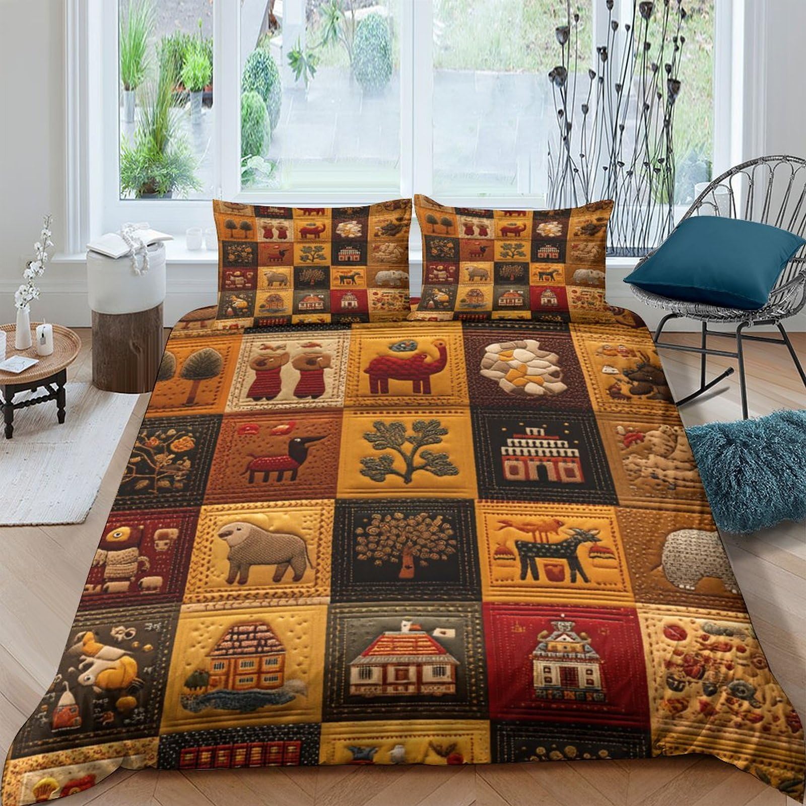 GPLZQXKJNH 3D Printed Rustic Animal Patchwork Duvet Cover Microfiber Soft Breathable Forest Lodge Quilt Cover Set with 2 Pillowcases for Bedroom Decor Single（135x200cm）