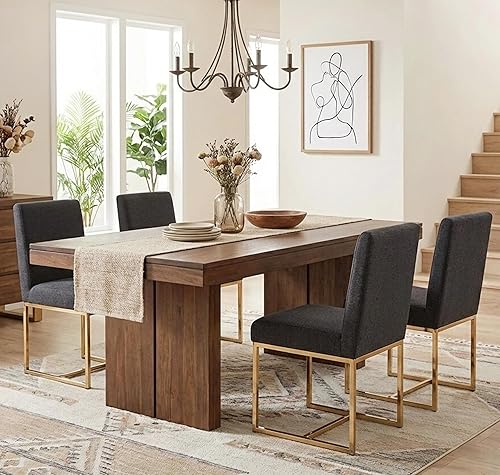 Miniatura 12 de VESCASA Juego de 2 sillas de comedor tapizadas de lino, sillas acolchadas modernas de mediados de siglo con marco de metal dorado para restaurante,