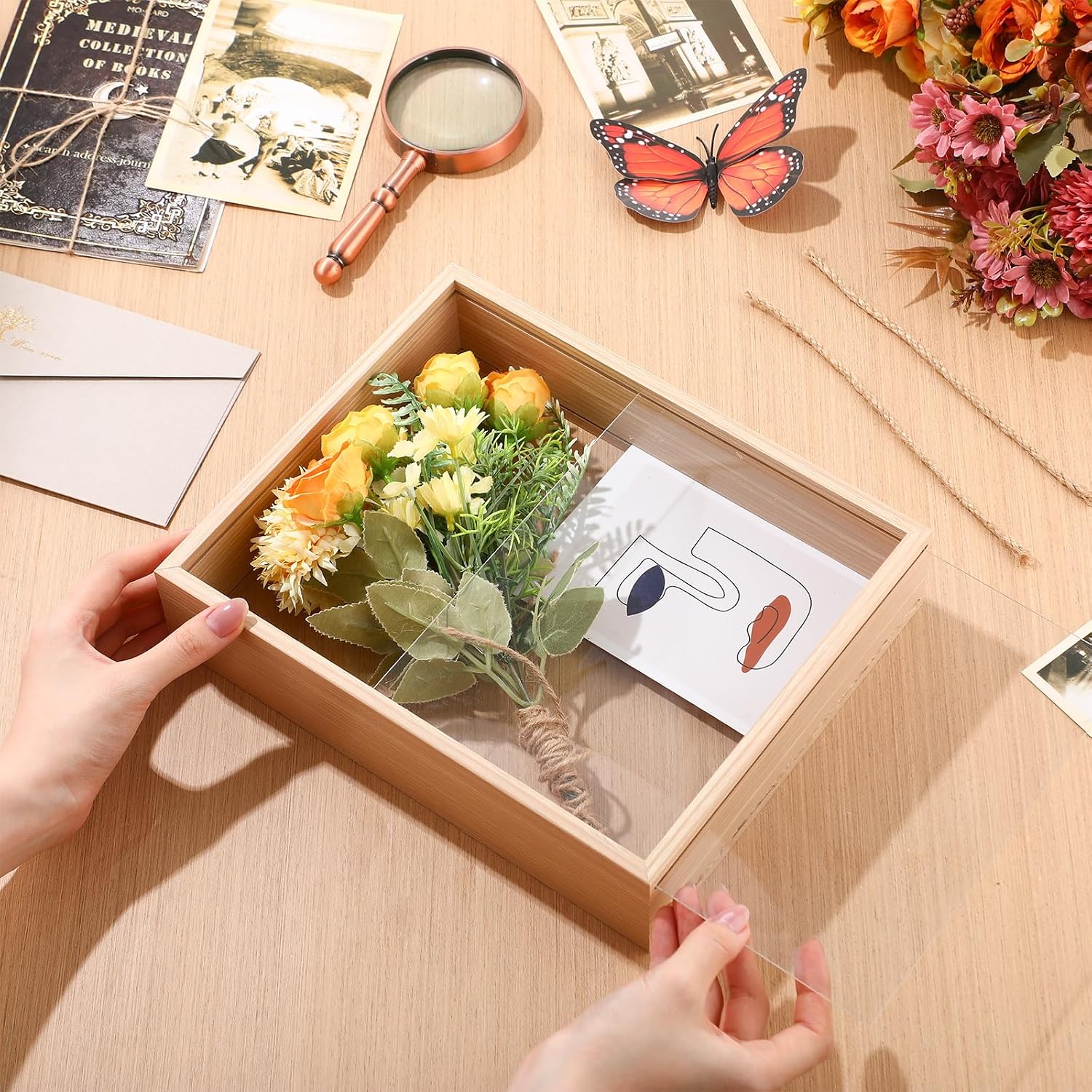 Wenqik 4 Pack Shadow Box Frame Transparent Shadowbox Display Case Wood Deep Picture Frame with Soft Felt Back for Photos Dried Flowers Memorabilia Handicrafts Keepsake (Natural Wood)