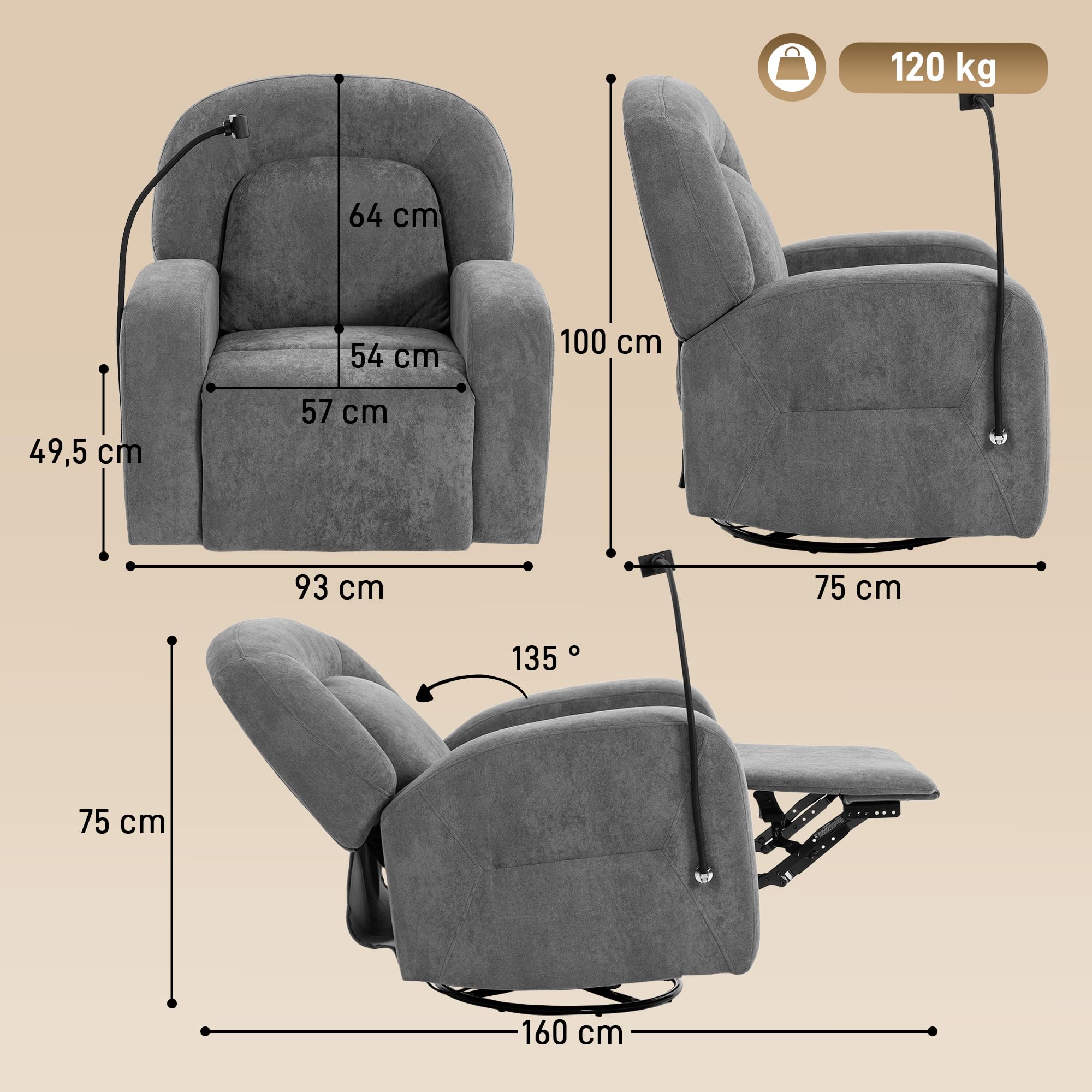 HOMCOM Sillón Relax Reclinable 3 en 1 Función Mecedora Asiento Amplio Gris