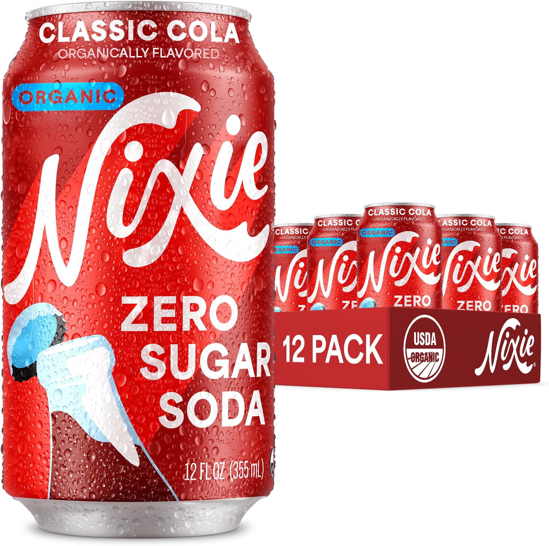 Organic Zero Sugar Soda, Classic Cola, Healthy Soda Pop, Non-GMO, 0 Sugar, 0 Calories, 40mg Caffeine, 12oz Cans (12 Pack)