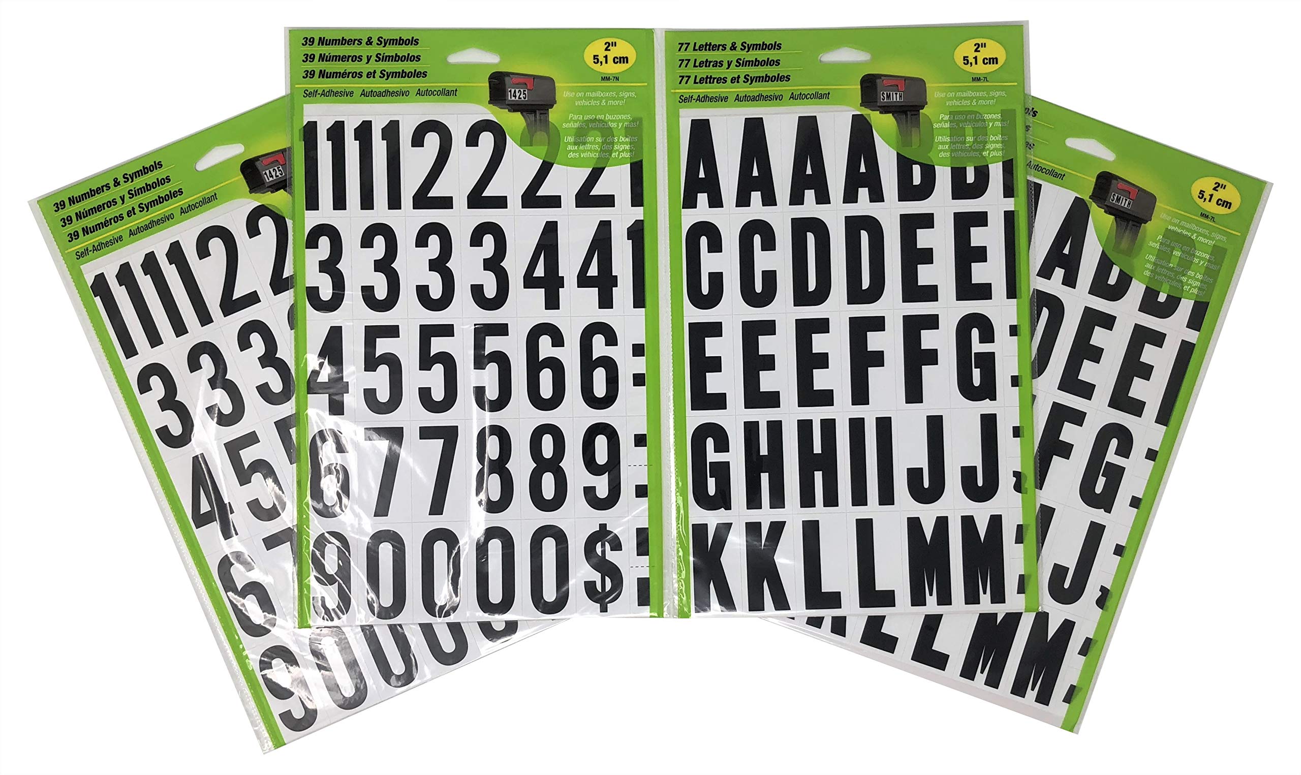 HY-KO Self-Adhesive 2 inches Black and White Vinyl Numbers (2-Pack) and Letters (2-Pack) Bundle